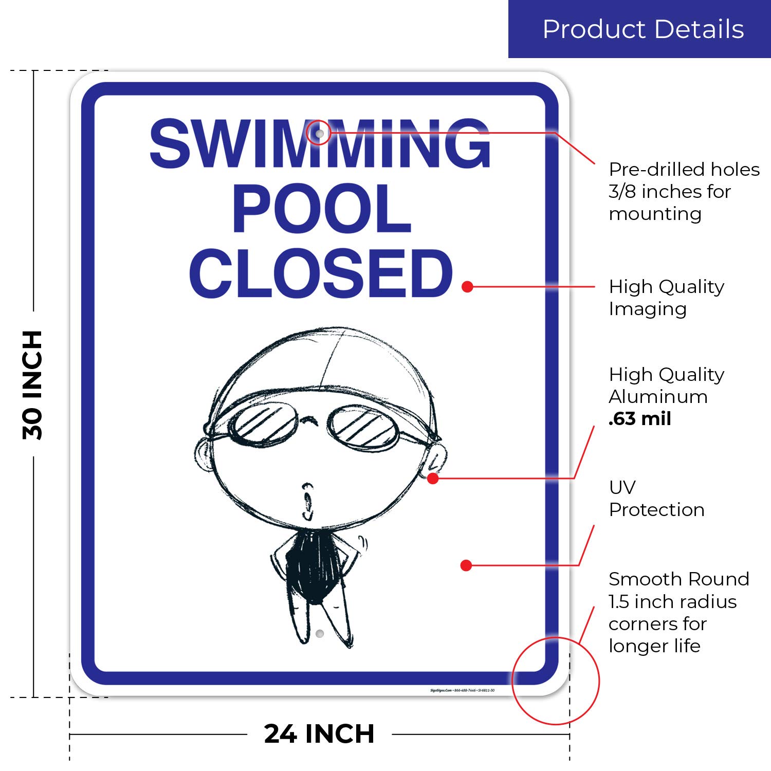 Pool Closed Sign - 24x30 Inches, Rust-Free .063 Aluminum, Fade Resistant Swimming Pool Sign for Indoor/Outdoor Use, Made in USA - Ideal for Public Pools, Hotels, and Community Centers