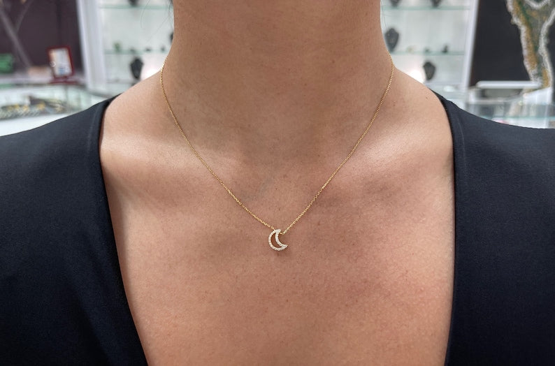 0.20tcw Natural Diamond Moon Crescent Pendant Necklace in 14K Gold - Elegant Cable Chain for Women's Everyday Wear & Special Occasions