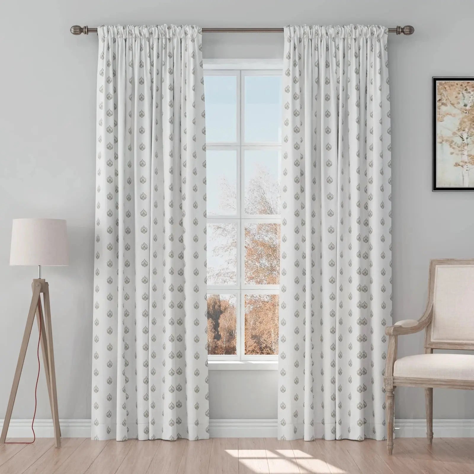 Stefana Silver Print Linen Curtains - Soft Top Blackout Drapes for Living Room & Bedroom Window Treatments