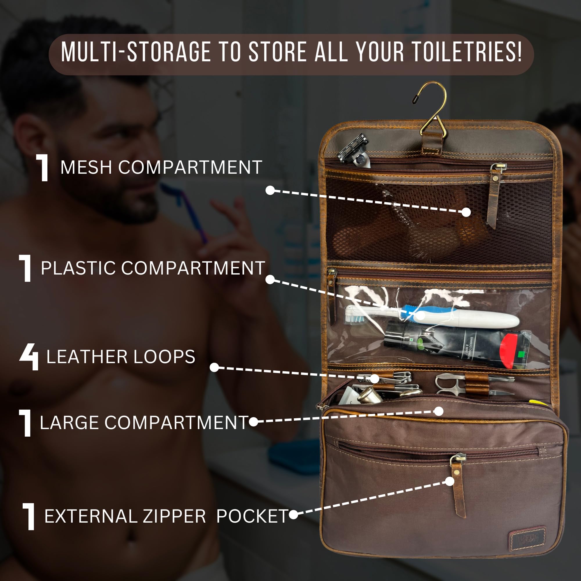 Rustic Town Leather Toiletry Bag for Travel & Shower - Men & Women