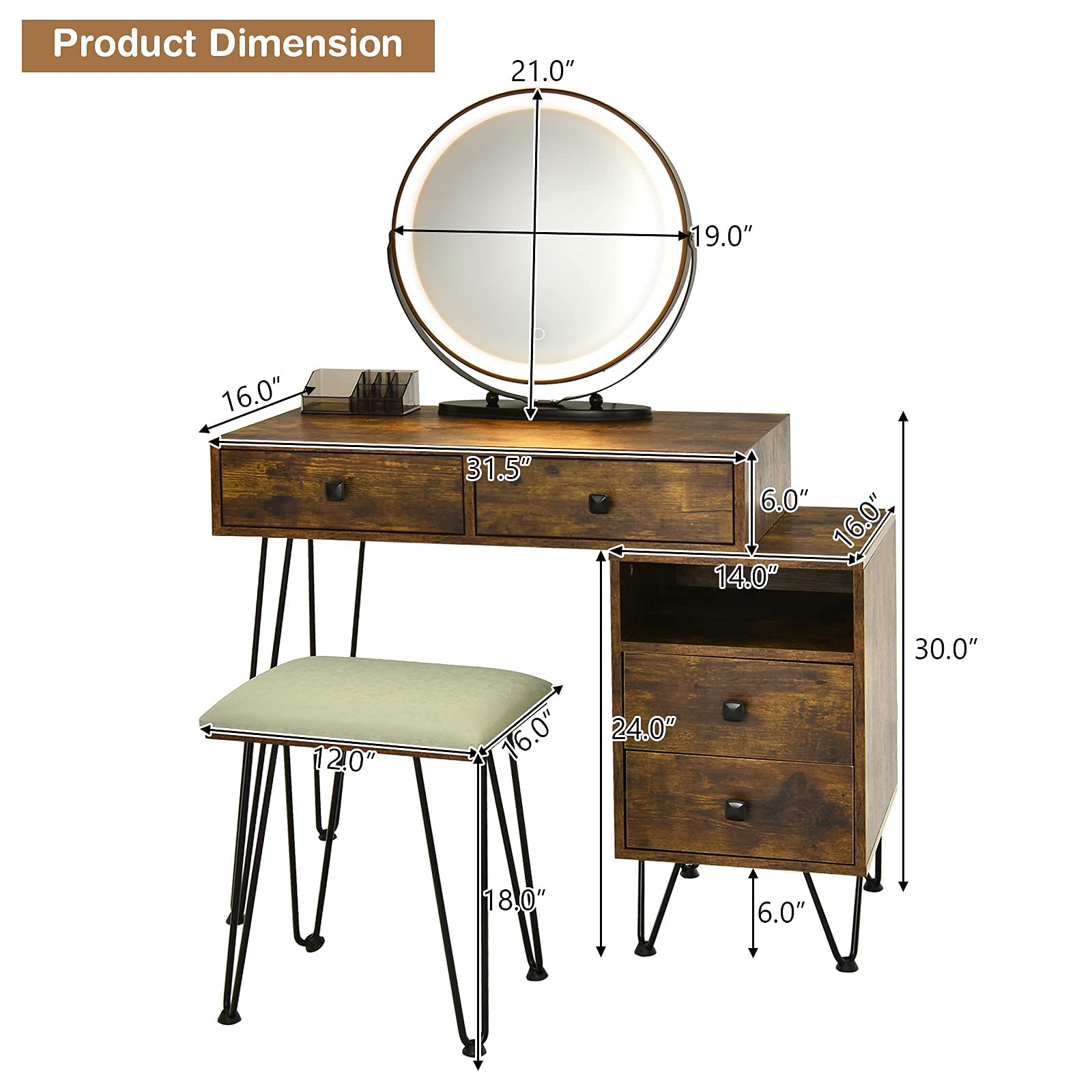 CHARMAID Vanity Desk with Reversible Side Cabinet - Makeup Dressing Table with LED Mirror (3 Color Lights), 4 Drawers, Nightstand & Stool - Rustic Brown - Perfect for Bedroom, Dressing Room & Beauty Salon