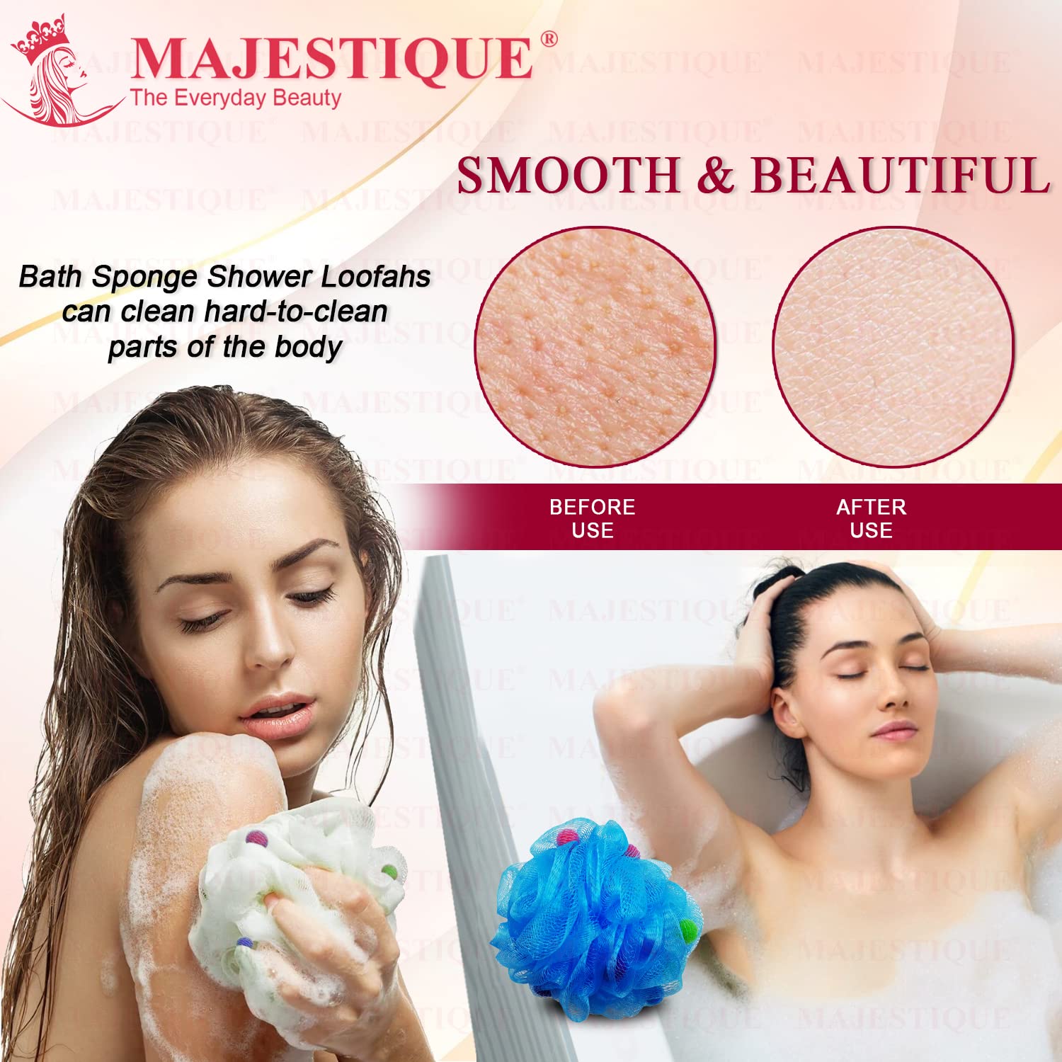 Majestique 3-Pack Long Handle Back Scrubber Brush with Exfoliating Loofah Sponge & 2 Body Wash Puffs - 60g Bath Sponge for Deep Cleansing - Ideal for Men, Women & Elderly - Perfect for Shower, Bath & Spa Relaxation