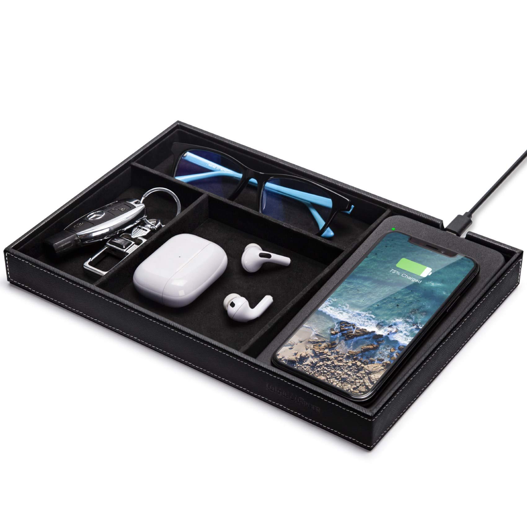 Wireless Charging Valet Tray with Faux Leather - Nightstand & Dresser Organizer for Jewelry, Watch, Keys - Men's & Women's Valet Station with Built-in Qi Charger (Black) - Perfect for Bedroom, Office, Entryway Organization