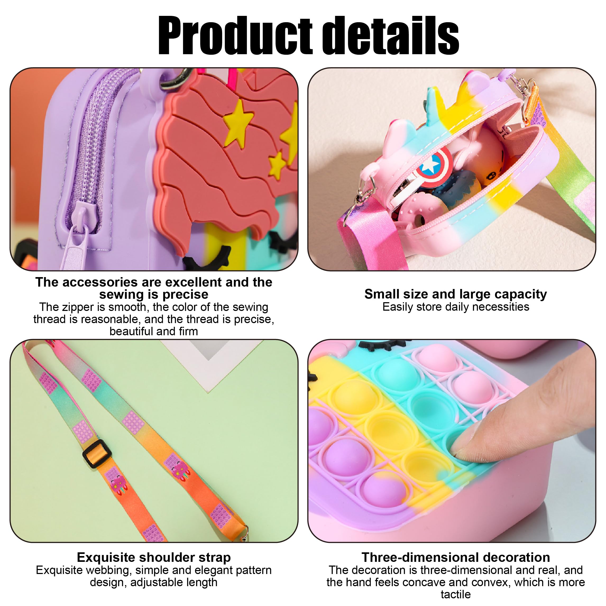 TNSRAY Unicorn Pop It Fidget Bag - 2 in 1 Pop Bubble Push Toy with Adjustable Silicone Shoulder Strap, Sensory Stress Relief Gift for Kids Ages 5-8 - Perfect for Travel, School & Anxiety Relief
