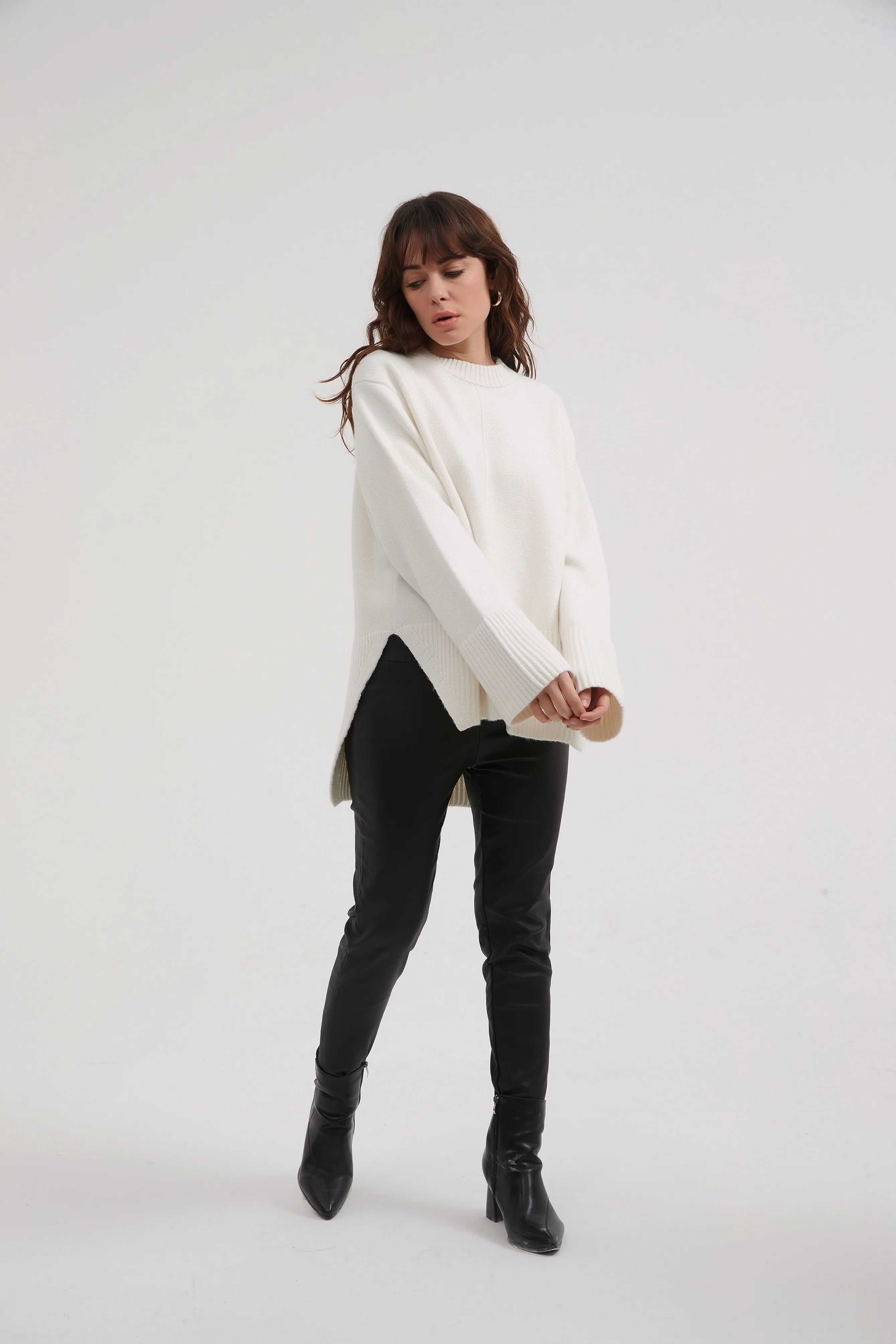 Deep Split Knit Ivory Sweater - Women's Elegant Loose Fit Pullover for Casual & Office Wear | Perfect for Fall & Winter Outfits
