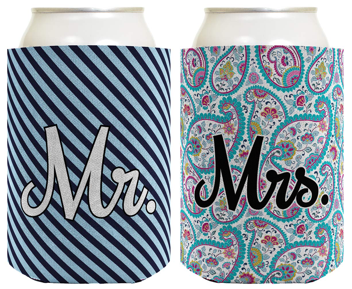 Mr & Mrs Paisley Stripe Wedding Koozies - 2 Pack Premium Drink Coolers for Bridal Showers, Bachelorette Parties & Couples Gifts - Keep Beverages Cold at Weddings, BBQs & Outdoor Events
