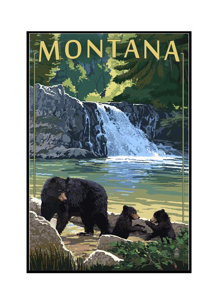 Bear Family and Waterfall, Montana - 24x36 Framed Gallery Wrapped Canvas Wall Art - Nature Wildlife Decor for Living Room, Bedroom & Office