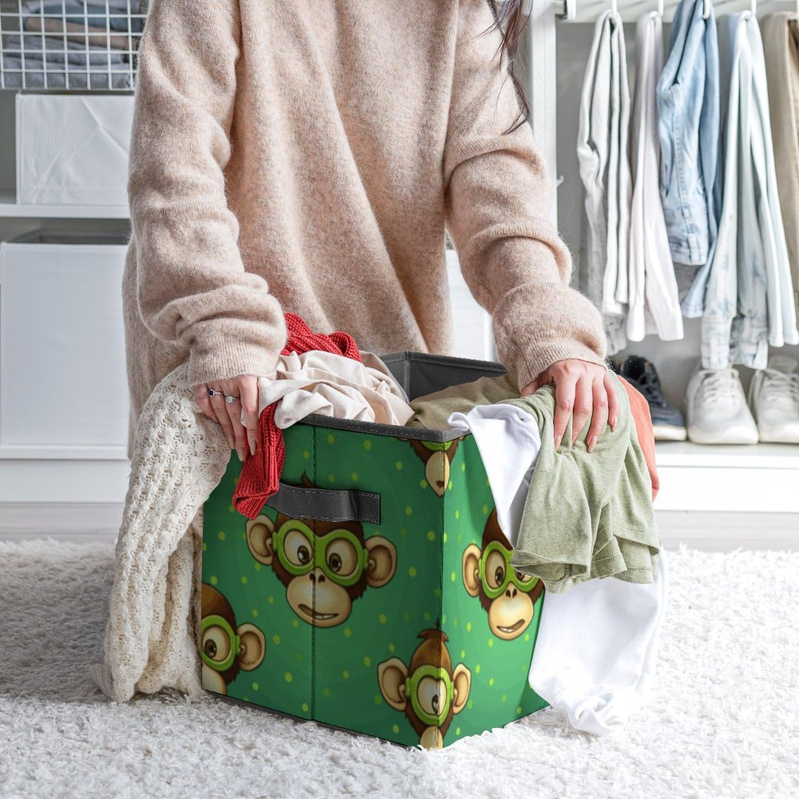 Foldable Storage Cubes with Handles - Green Monkey Closet Organizer Bins for Clothes, Toys & Home Organization | Perfect for Shelves, Cabinets & Underbed Storage