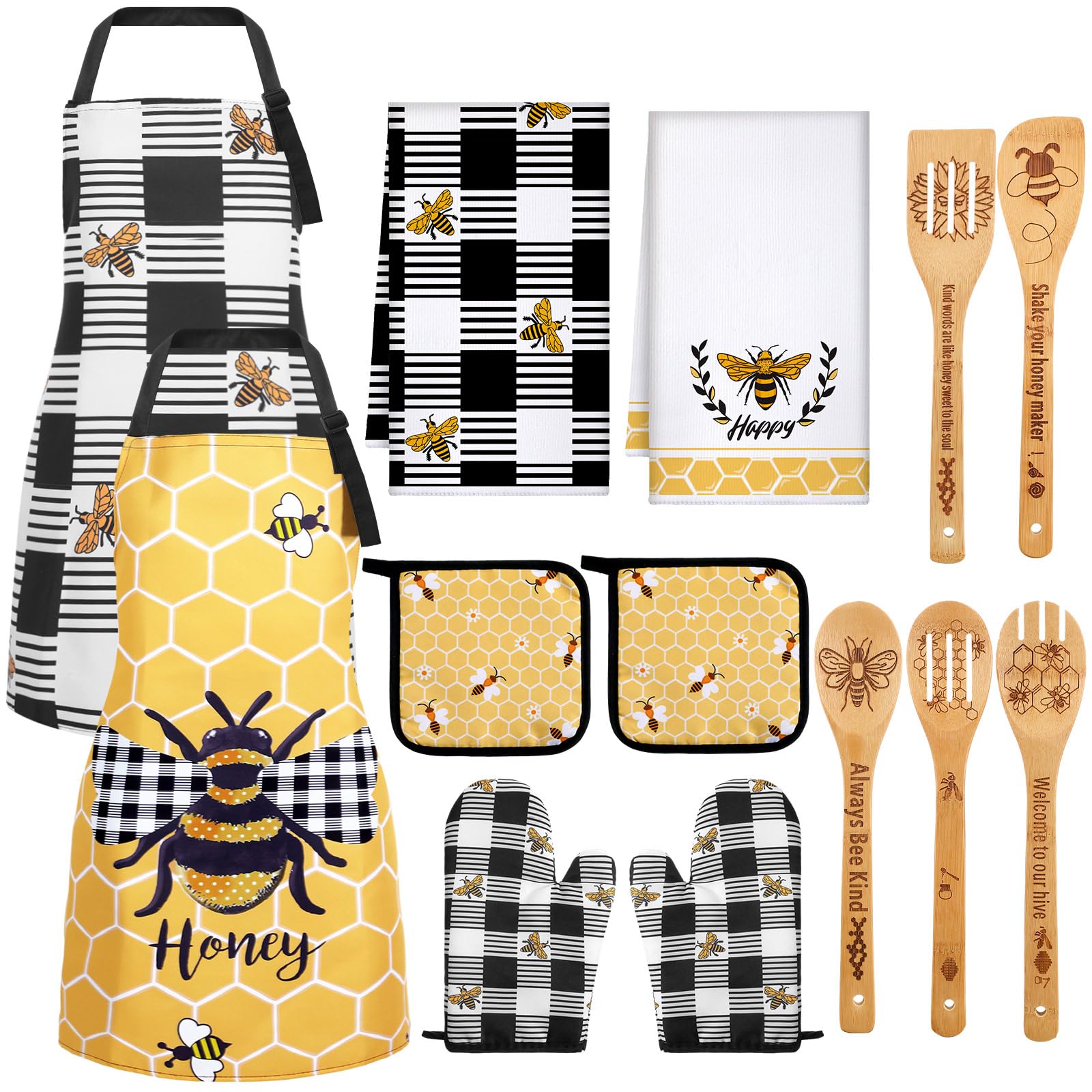 Bencailor 13-Piece Bee Sunflower Farmhouse Kitchen Set - 5 Wooden Spoons, 2 Kitchen Towels, 2 Aprons, 2 Oven Mitts & 2 Pot Holders - Rustic Home Decor for Housewarming, Bridal Shower & Country Kitchen (Black & Yellow Bee Theme)