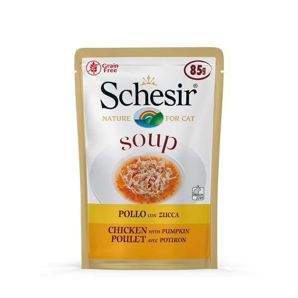 Schesir Natural Chicken with Pumpkin Soup Cat Food in Pouch - 85g Grain-Free Wet Food for Adult Cats | Perfect for Digestive Health & Picky Eaters