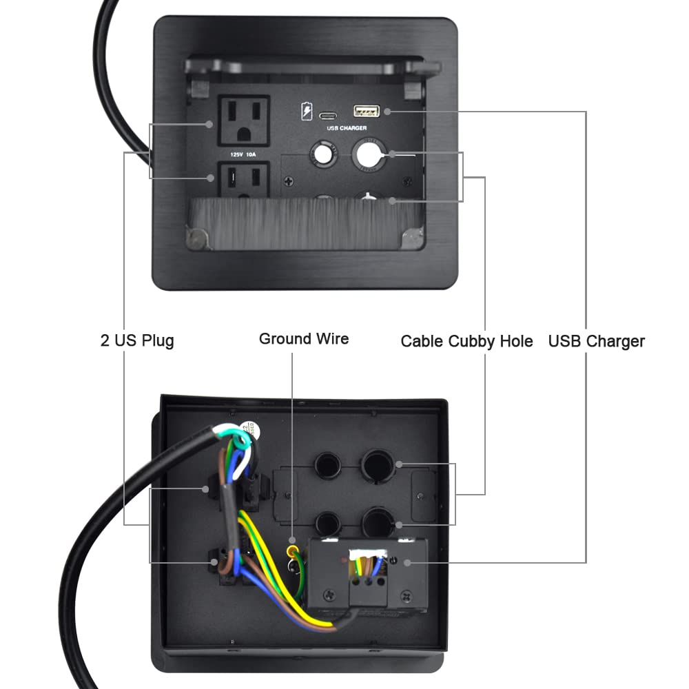 Compact Desk Organizer with 2 AC Outlets, USB-A & USB-C Charging Ports, 4 Cable Holes - 5.58ft Power Cord for Office, Conference Room & Home Workspace (Black) - Perfect for Cable Management & Device Charging
