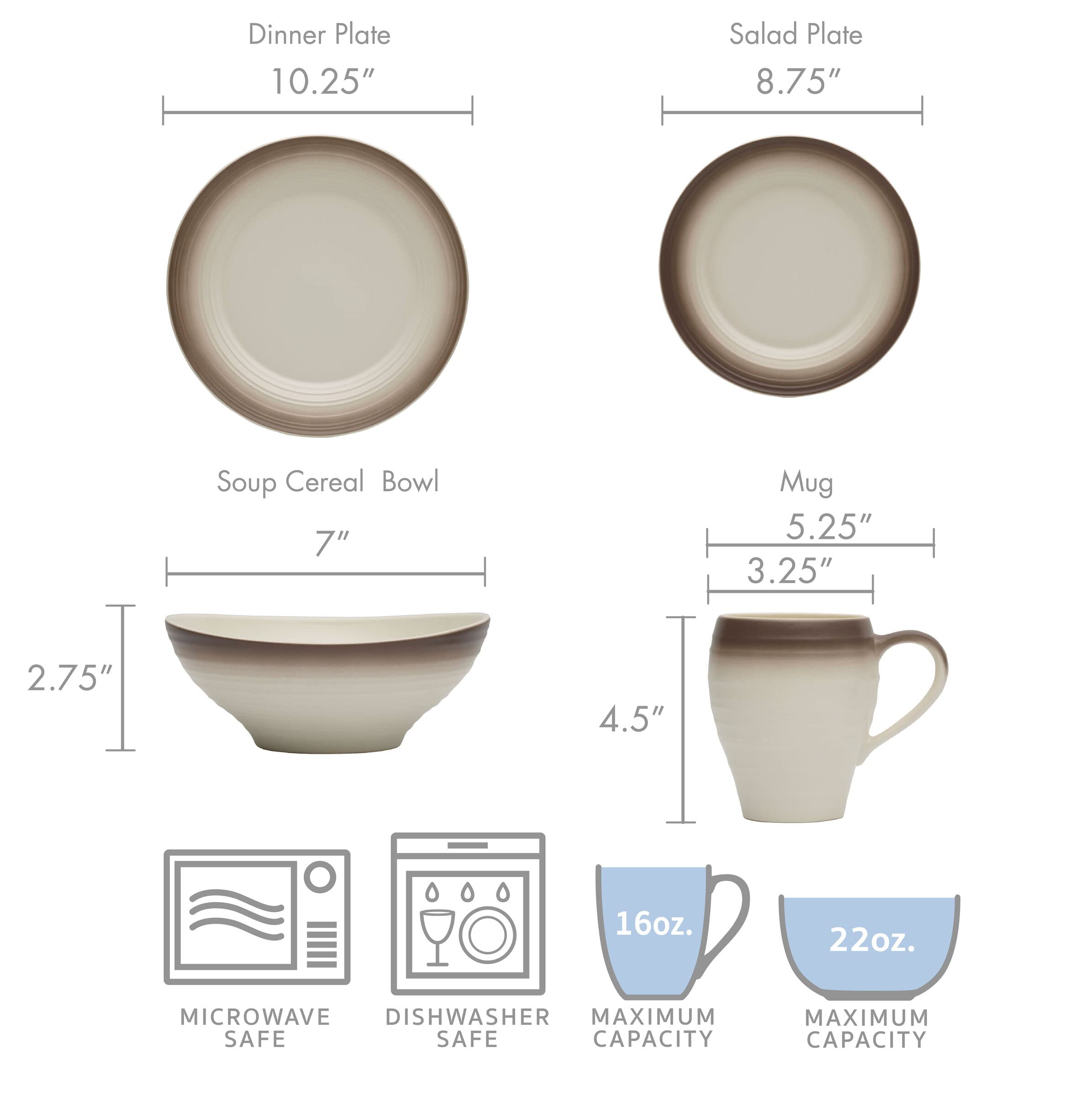Mikasa Swirl 16-Piece Dinnerware Set, Service for 4, Ombre Mocha - Elegant Stoneware Plates, Bowls & Mugs for Everyday Dining, Entertaining & Special Occasions