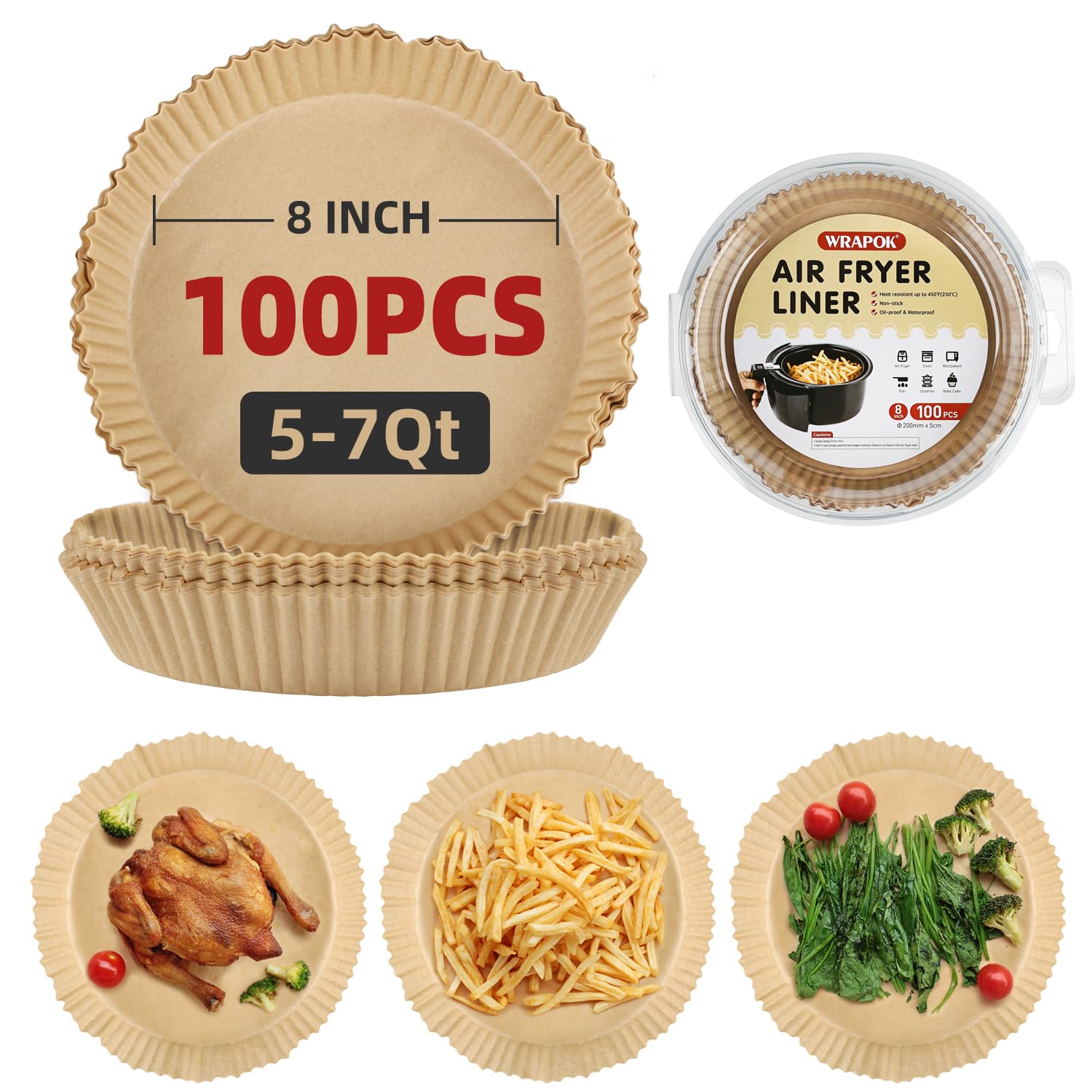 8 Inch Unbleached Perforated Air Fryer Parchment Paper - 100 Non-Stick Round Sheets for Cooking Meats, Chips, Cookies | Perfect for Air Fryers, Baking & Meal Prep
