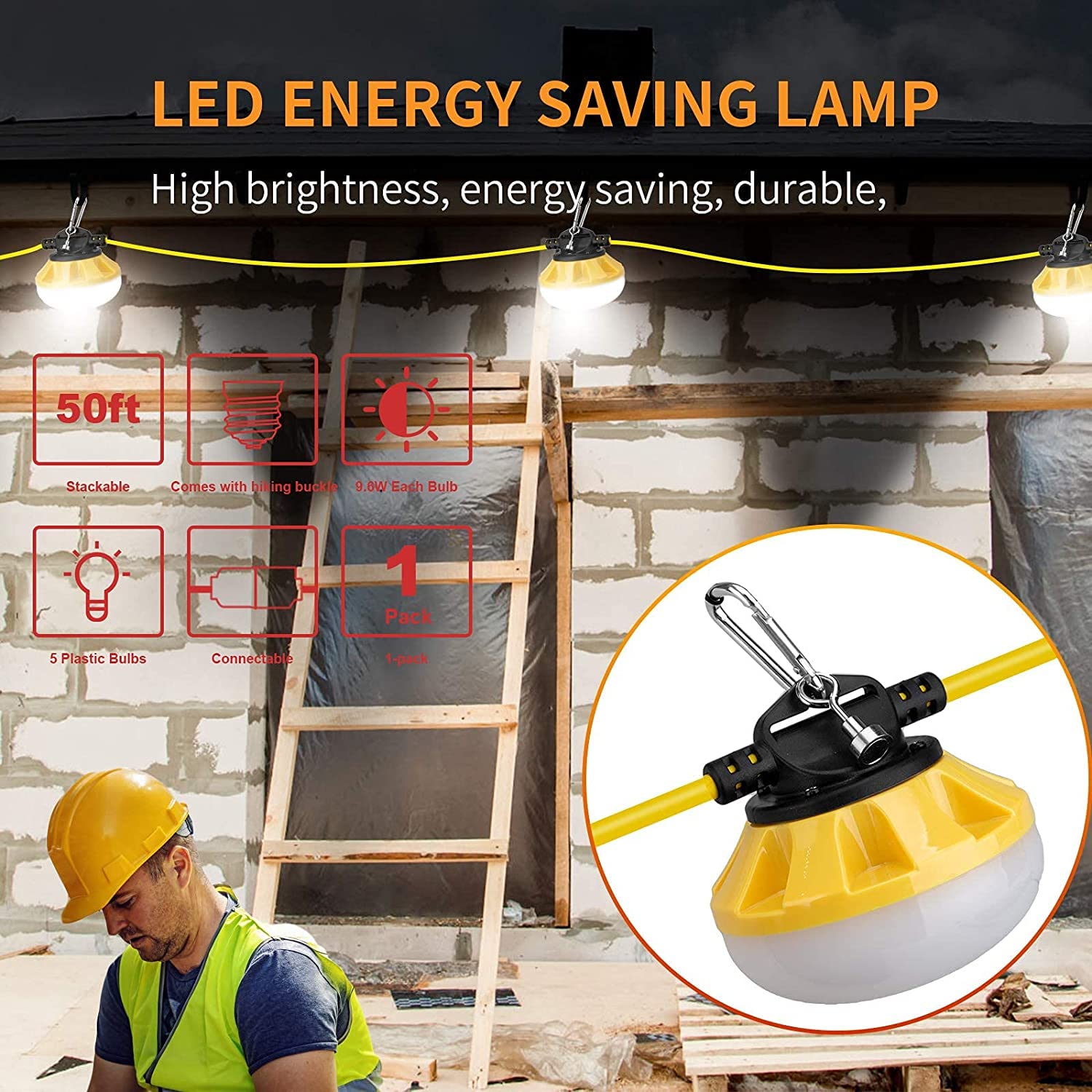 50FT Heavy Duty LED String Lights - Industrial Grade Construction Site Lighting for Renovation, Walkways, Patio, Mining & Outdoor Use - Weatherproof with Hooks (5 Lights) - Perfect for Job Sites, Backyard Parties & Emergency Lighting