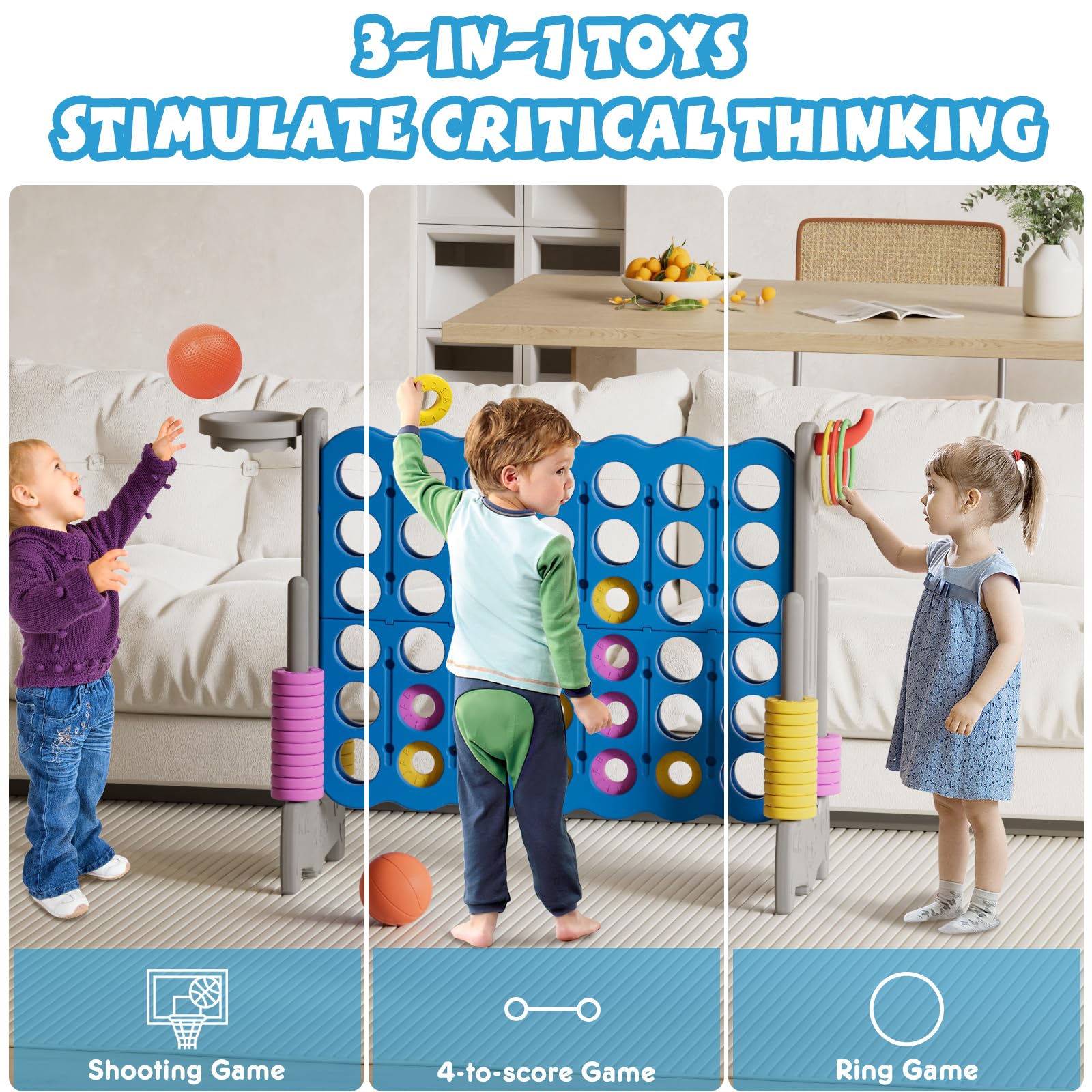 YUFU Giant 4-in-a-Row Connect Game Set with Basketball Hoop & Ball - Jumbo 4-to-Score Outdoor Yard Game with Ring Toss - Fun Family Party Games for Kids & Adults - Perfect for Backyard BBQs, Birthday Parties & Camping Trips
