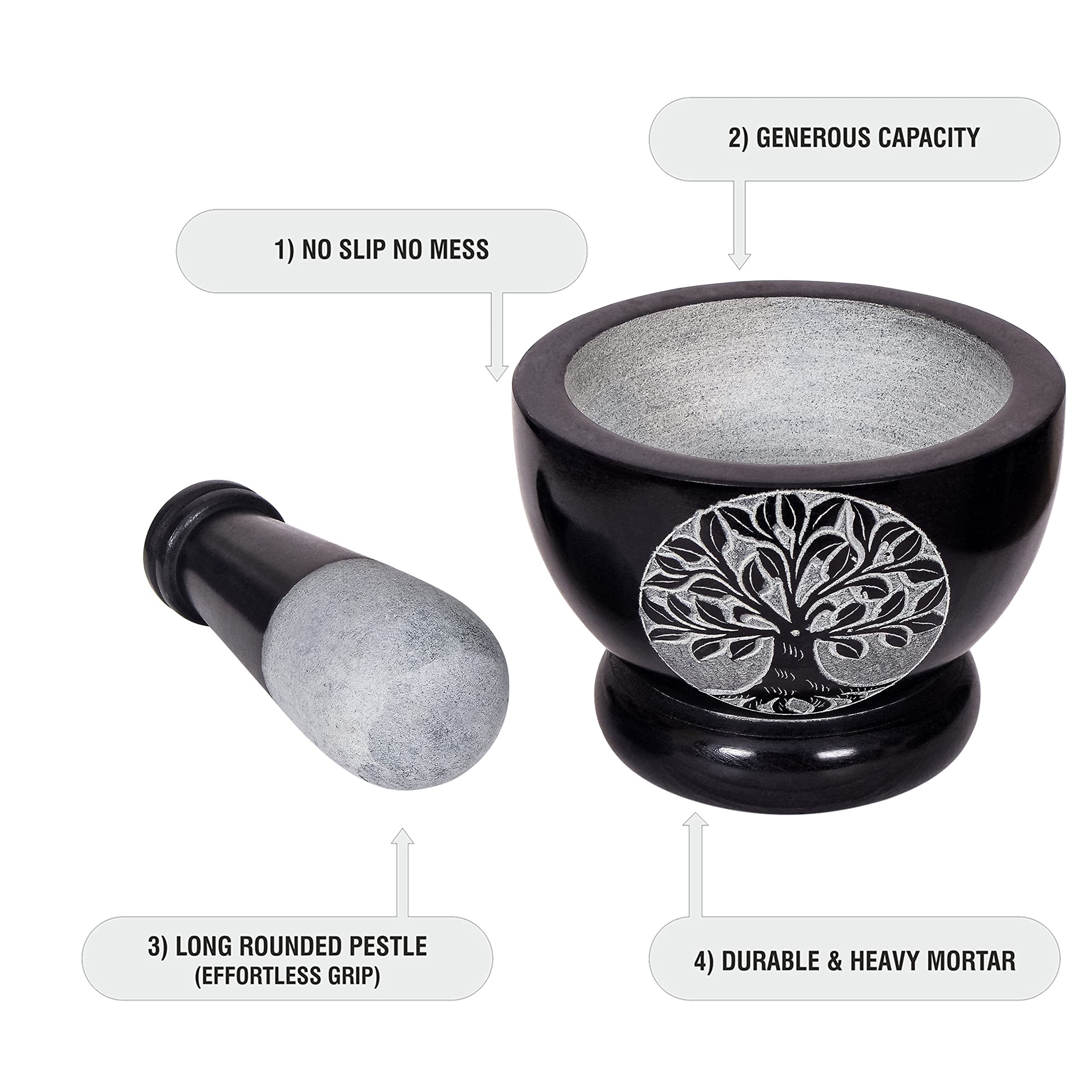 Premium Mortar and Pestle Set - Heavy Duty Polished Natural Stone Spice Grinder for Herbs, Seasonings, Pastes & More (Tree of Life Design) - Perfect for Kitchen, Apothecary & Ayurvedic Cooking