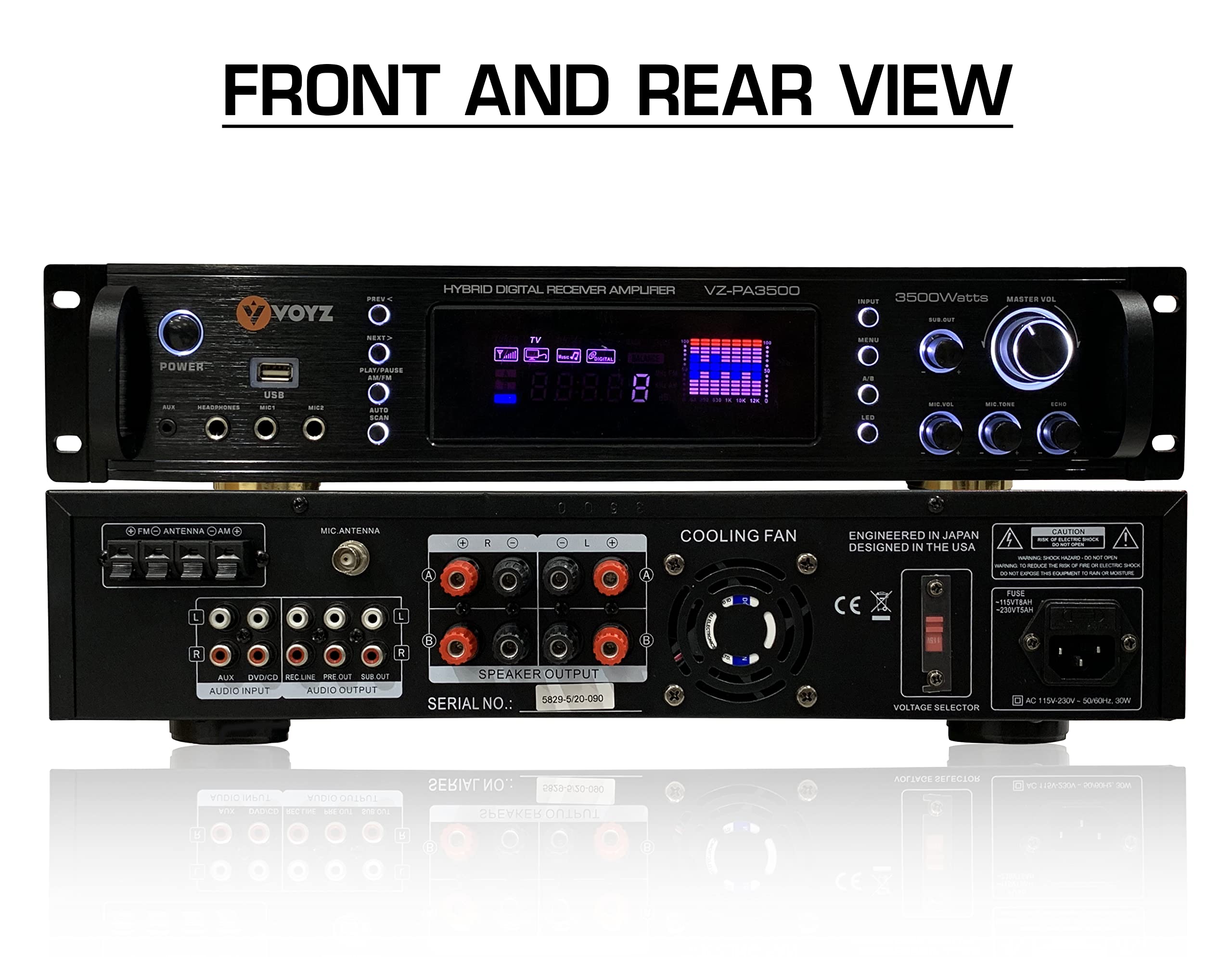 VOYZ Wireless Bluetooth Digital Home Stereo Amplifier - 3500W Hybrid Multi-Channel Power Amplifier w/ AM/FM Radio, MP3/USB, AUX, RCA, Karaoke Mic & Remote - Perfect for Home Theater, Karaoke Parties & Music Streaming