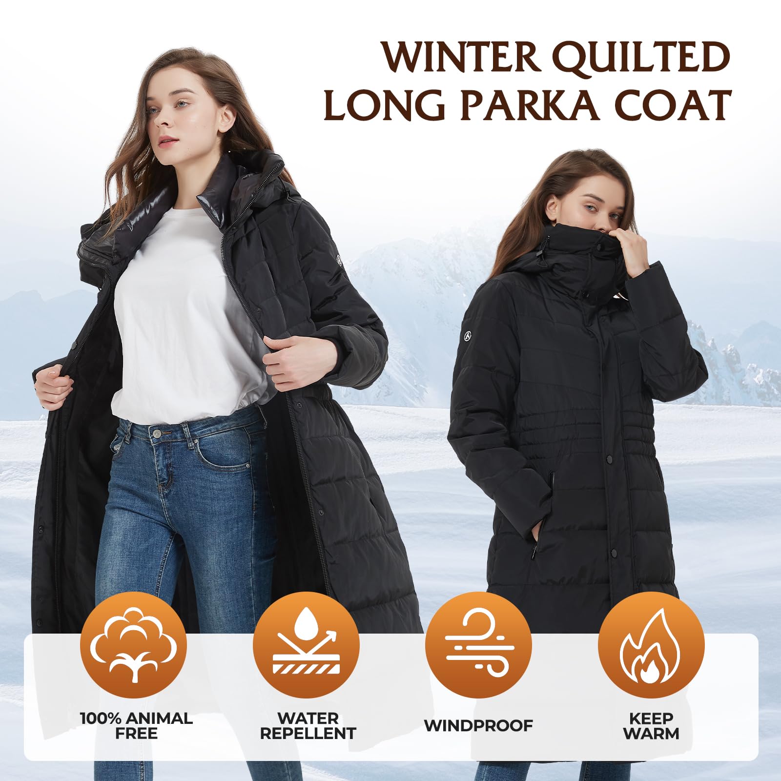 IKAZZ Women's Winter Coats - Thickened Warm Insulated Vegan Down Long Parka Jacket with Hood for Cold Weather, Snow, Outdoor Activities and Daily Wear