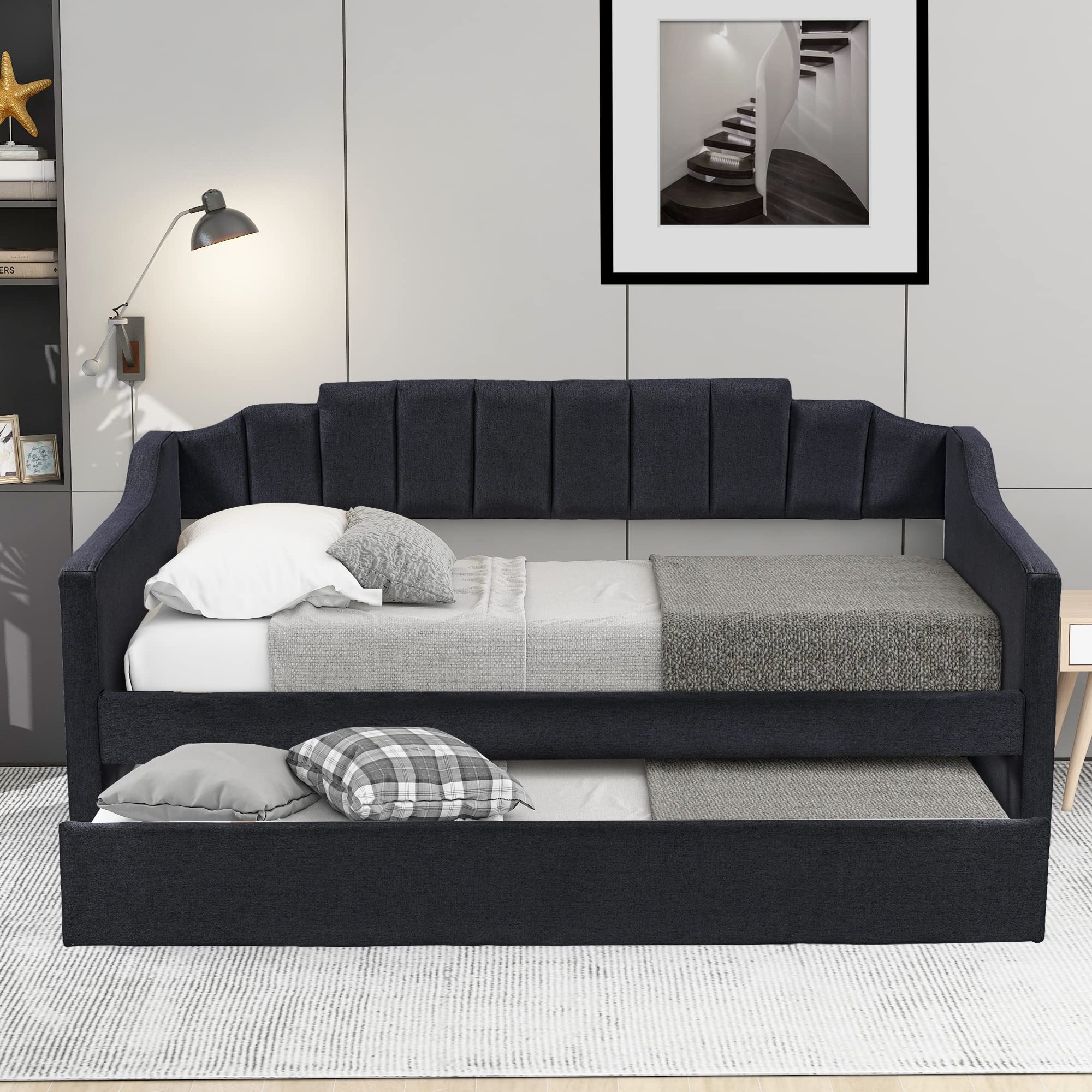 SOFTSEA Twin Daybed with Trundle - Upholstered Sofa Bed with Wood Frame & Swooping Arms, No Box Spring Needed - Perfect for Guest Rooms, Small Spaces & Dorm Rooms (Black)