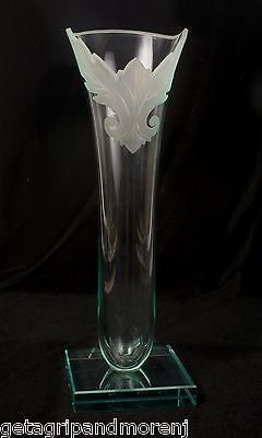 12.5 Inch Hand-Cut Etched Glass Vase - Signed Artisan Piece for Home Decor, Wedding Centerpiece & Gift