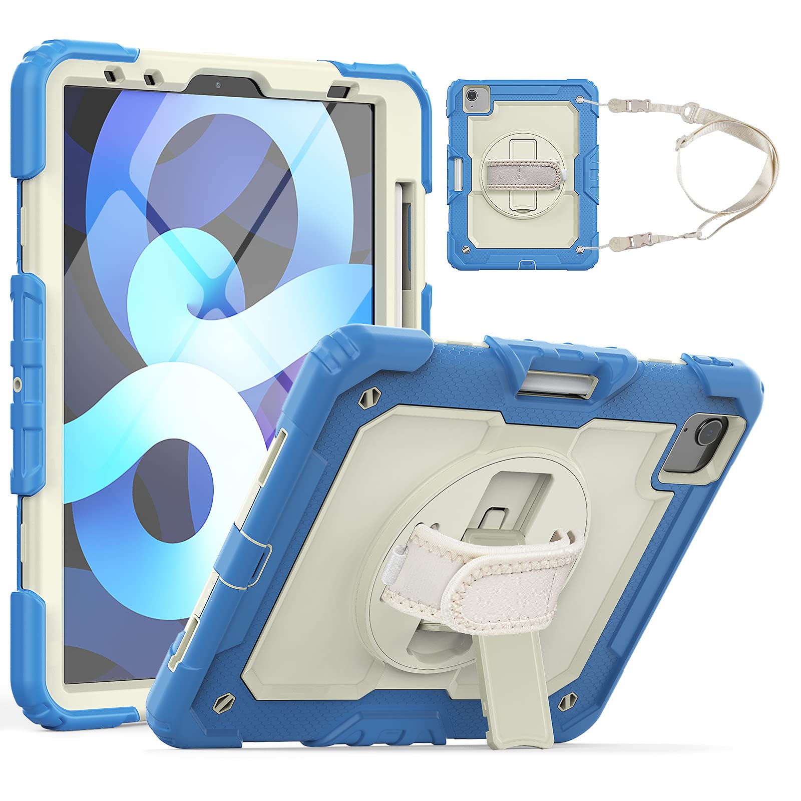 Dteck Shockproof iPad Case for iPad Air 5 (2022) & iPad Air 4 (10.9-inch 2020) & iPad Pro 11-inch - Protective Cover with Shoulder Strap, Hand Strap, Pencil Holder & Kickstand - Perfect for Kids, Travel & Outdoor Use - Blue