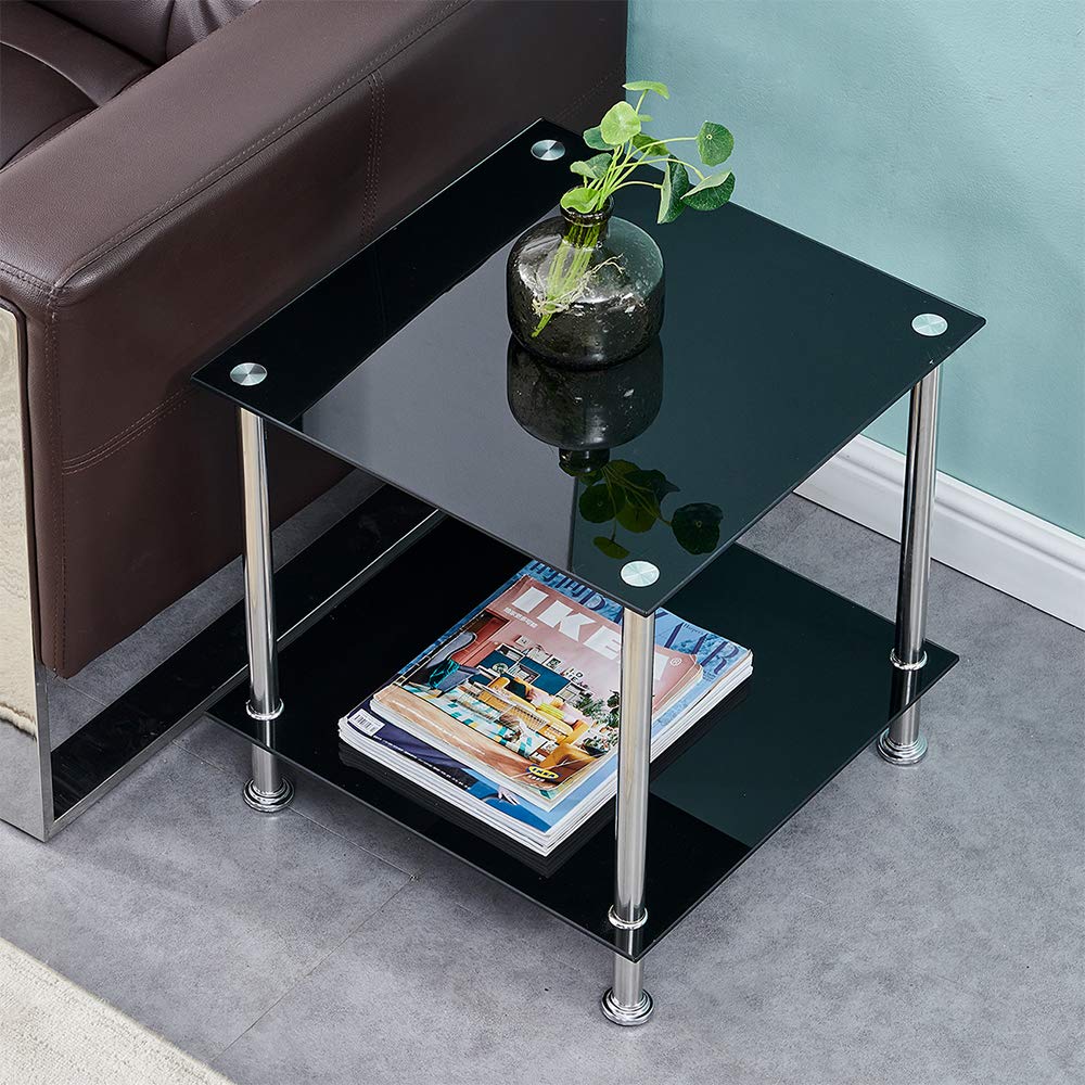 Modern Corner Sofa Side Table with Storage Shelf - 2-Tier Square End Table & Nightstand, Tempered Glass Top & Chrome Legs (Black) - Perfect for Living Room, Bedroom, or Office Use
