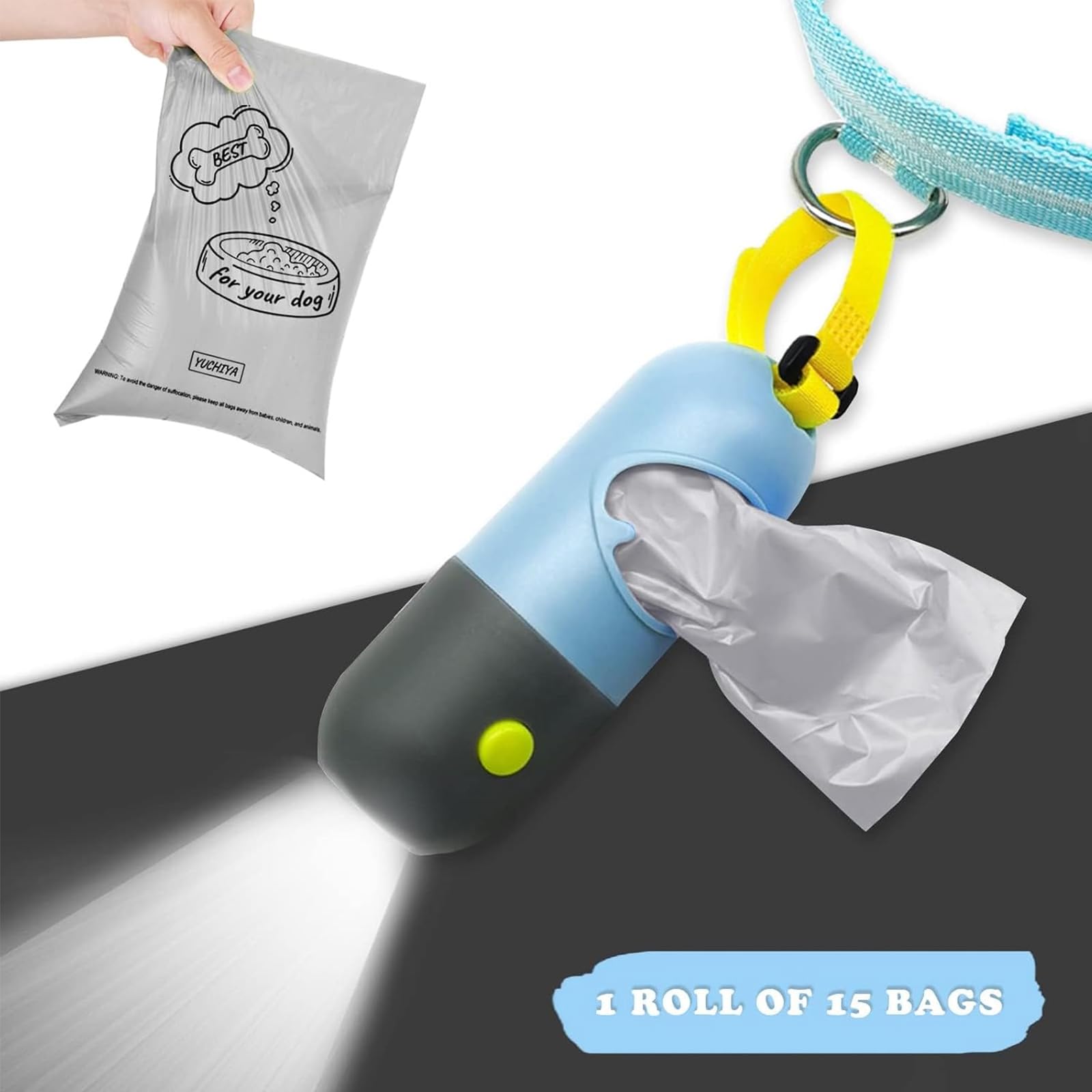 **LED Dog Waste Bags Holder with 13 Leak-Proof Rolls & USB Rechargeable Flashlight – Portable Poop Bag Dispenser for Night Walks (Sky Blue) – Perfect for Pet Owners, Dog Walking & Outdoor Adventures**