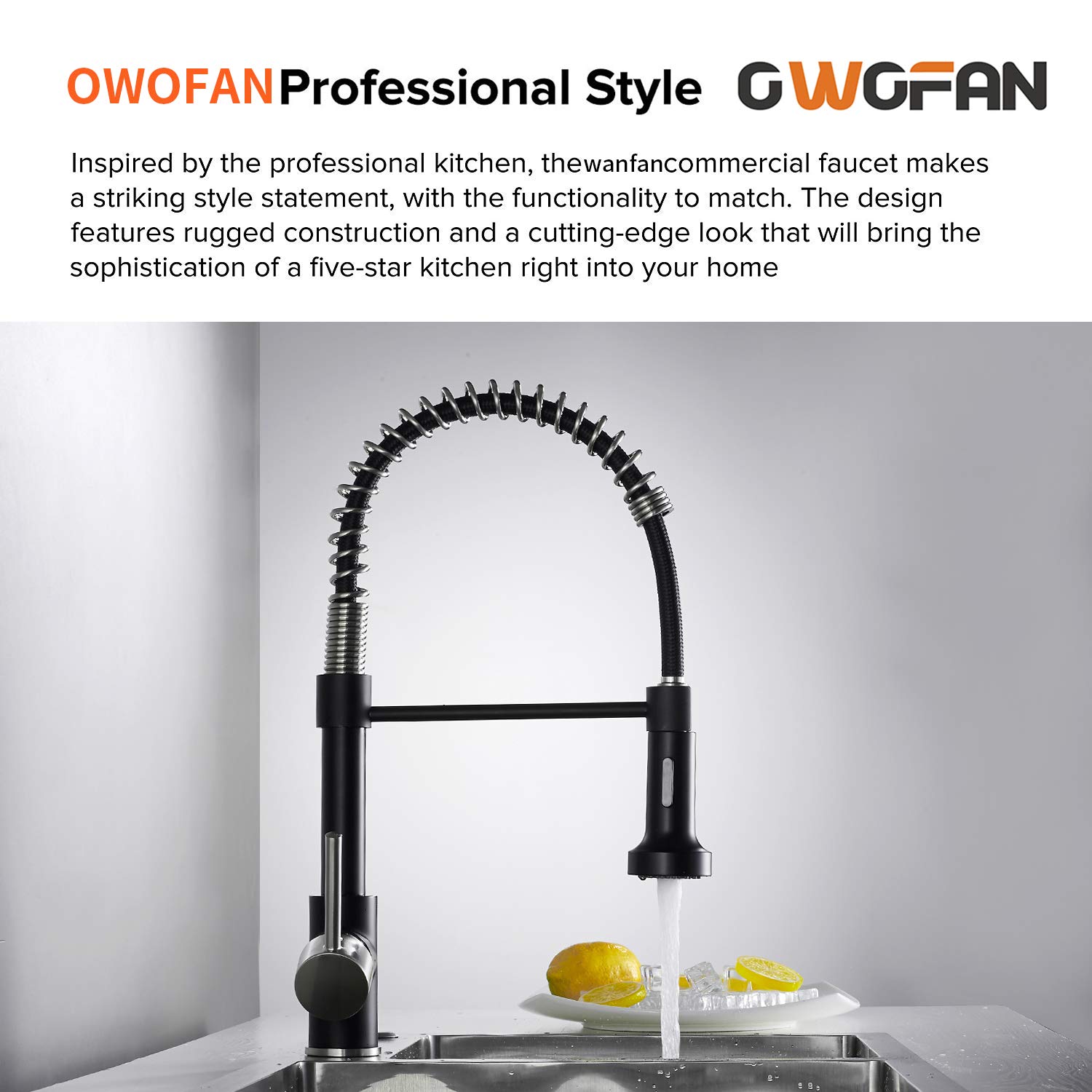 OWOFAN Low Lead Modern Single Handle Pull Down Sprayer Spring Kitchen Faucet, Brass Black & Brushed Nickel Sink Faucet for Stylish and Functional Kitchen Upgrades