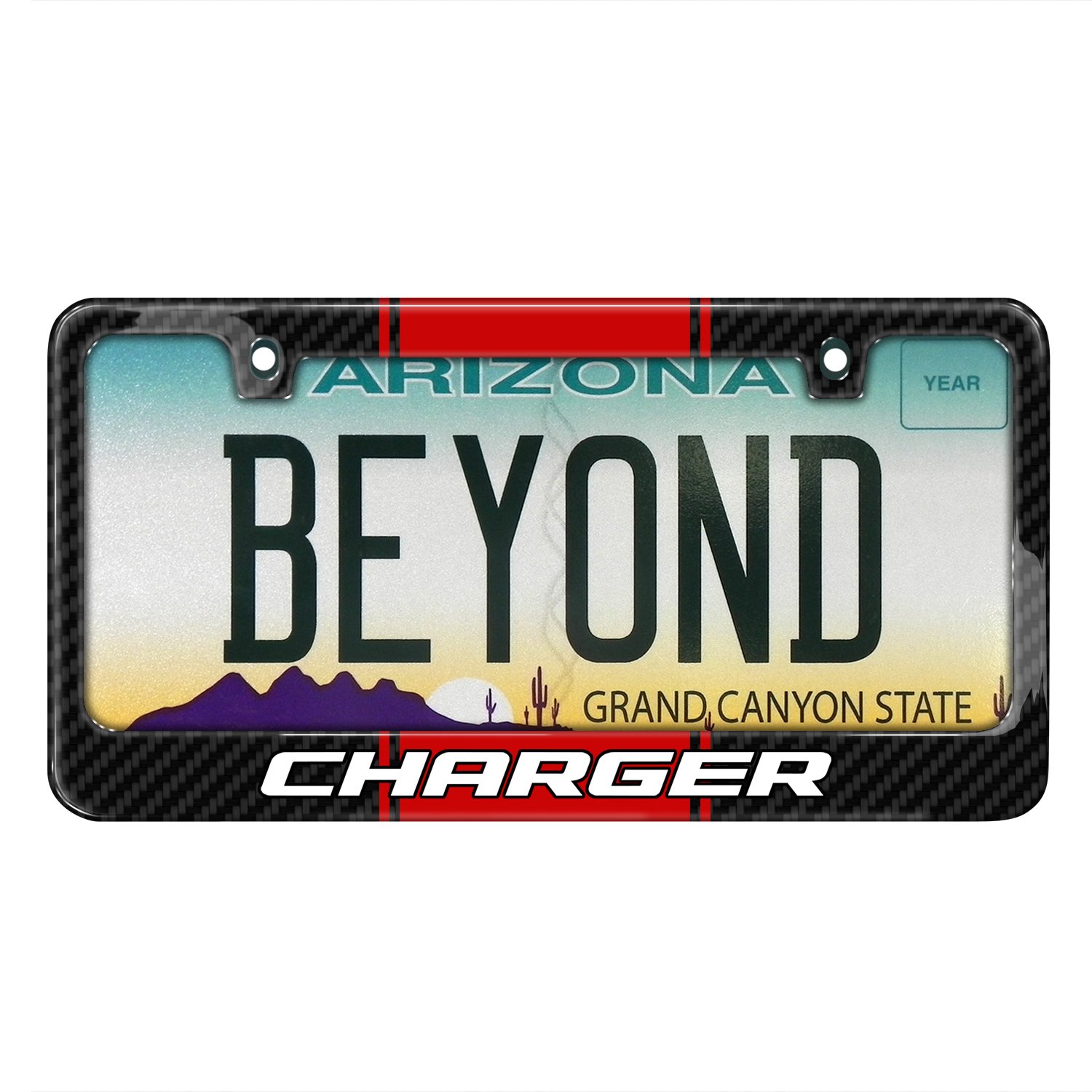 Dodge Charger Red Racing Stripe Black Real Carbon Fiber License Plate Frame - Custom Car Accessories for Dodge Charger - Perfect for Car Shows & Racing Events