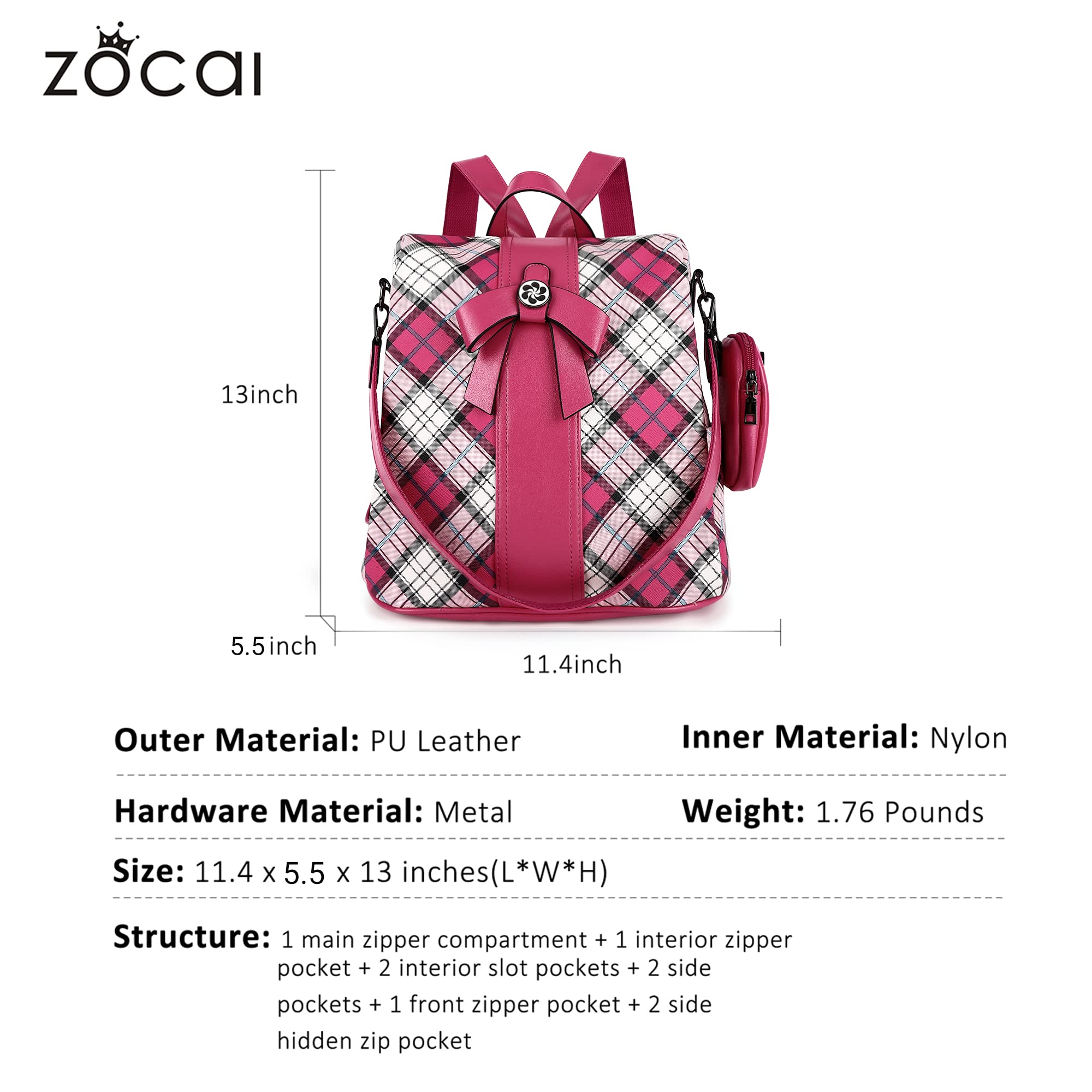ZOCAI Women's Fashion Backpack Purse - PU Leather Anti-Theft Shoulder Bag & Satchel Daypack for Work, Travel & Daily Use