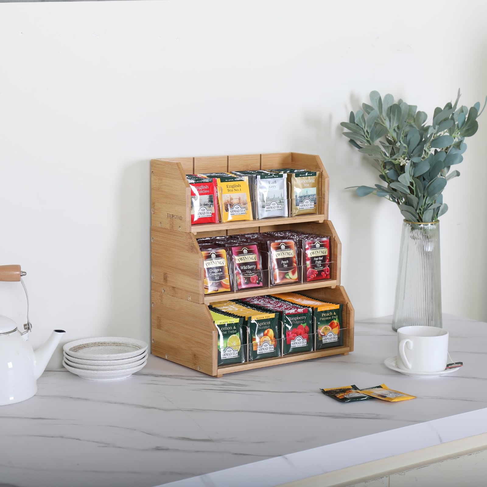 3-Tier Stackable Bamboo Tea Bag Organizer - Wooden Tea Box Container with Patented Design for Kitchen, Office & Countertop Storage - Perfect for Organizing Tea Bags in Cabinets or Desks
