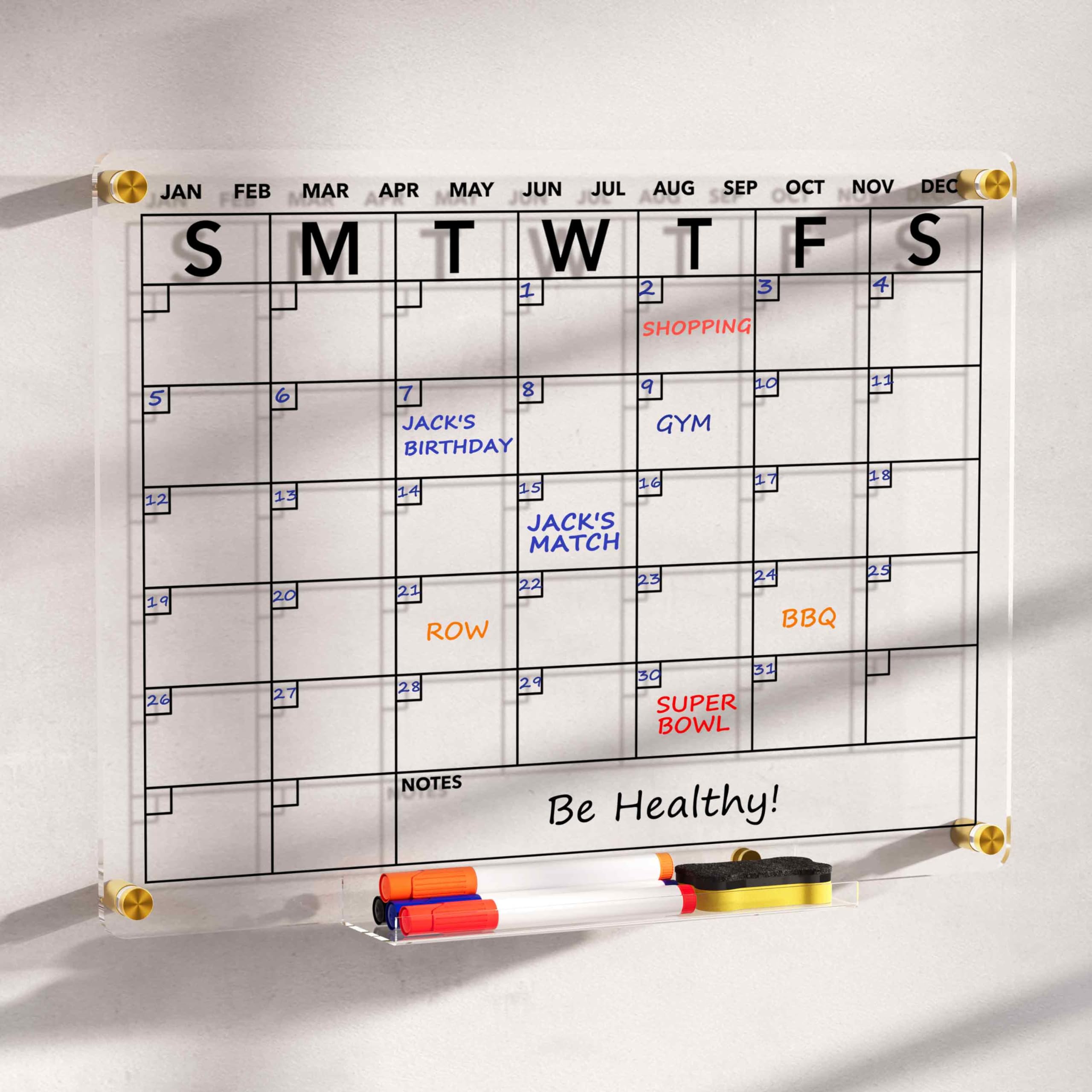 16x12 Inch Acrylic Dry Erase Calendar Whiteboard - Clear Monthly Planner Wall Organizer with 4 Color Markers - Perfect for Home Office, Classroom & Kitchen Planning