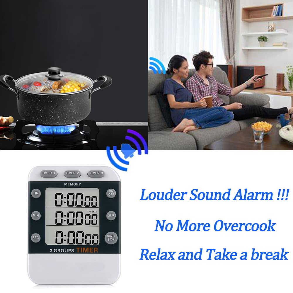 Digital Dual Kitchen Timer with 3 Channels - Count Up/Down, Triple Cooking Timer, Large Display & Loud Alarm - Magnetic Back, Stand, Battery Included (M382) - Perfect for Baking, Meal Prep & Multitasking in the Kitchen