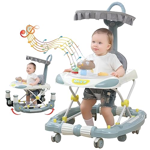 Adjustable Baby Walker with Wheels & Rocking Horse - Foldable Portable Design for Boys & Girls (8-17in Height) | Safe Foot Pads & Handles | Green | Perfect for Learning to Walk & Indoor Play