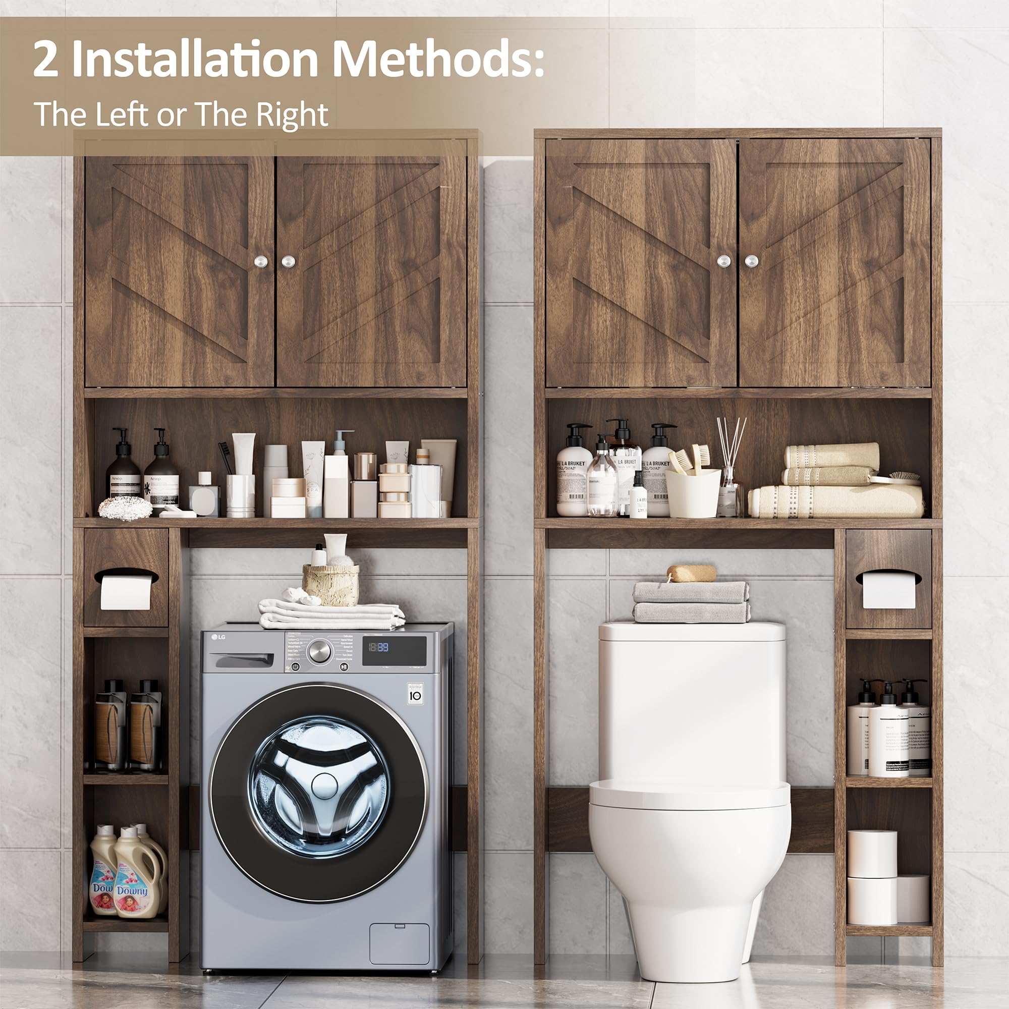 Meilocar Over The Toilet Storage Cabinet - Farmhouse Style Bathroom Organizer with Adjustable Shelf & Toilet Paper Holder | Freestanding Space Saver for Small Bathrooms | Perfect for Toiletries, Towels & Bathroom Essentials (Walnut)