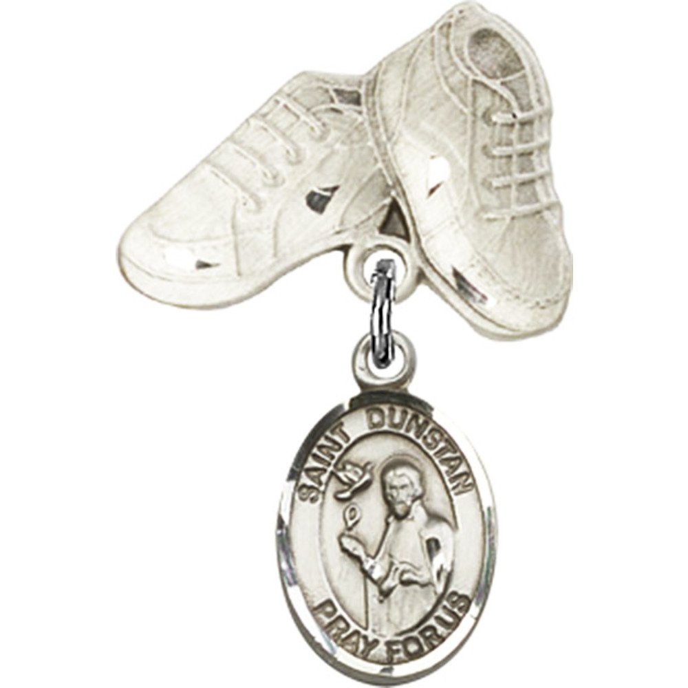 Sterling Silver Baby Badge with St. Dunstan Charm & Baby Boots Pin - 1 X 5/8 Inch Tiny Keepsake - Perfect for Christening Gifts, Baby Showers & Newborn Blessings