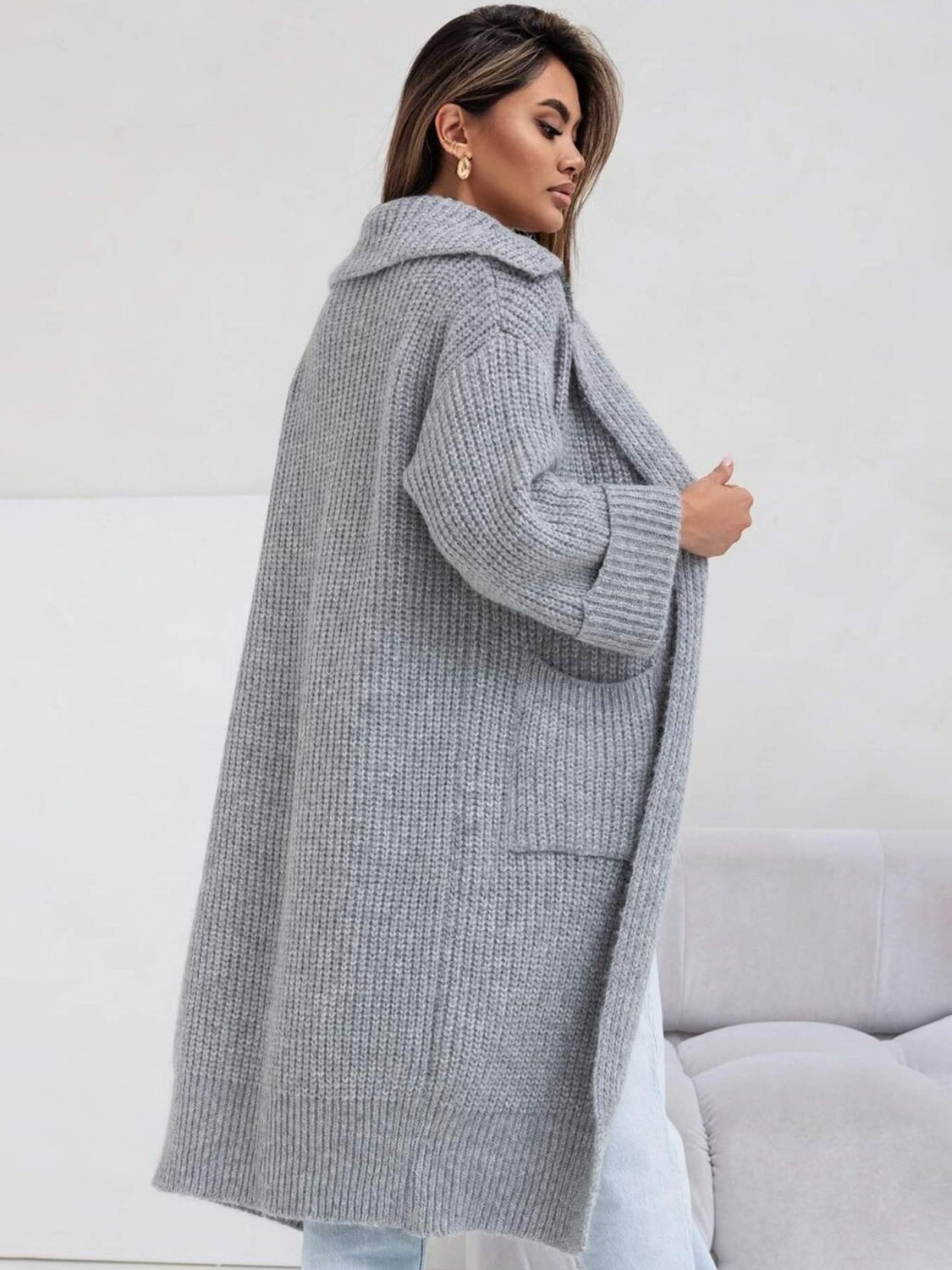 Women's Stylish Pocketed Collared Neck Drop Shoulder Cardigan Sweater - Perfect for Office Wear, Casual Outfits & Fall Layering