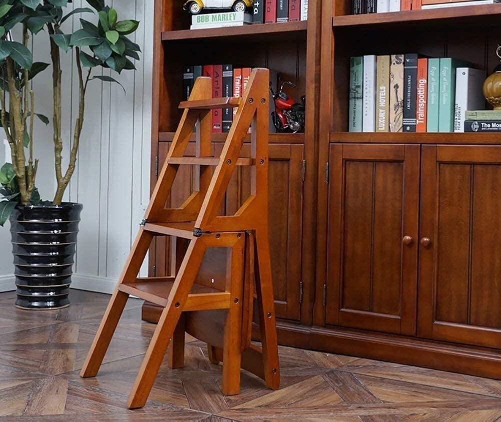 OKUOKA 4-Step Foldable Wooden Step Stool - Multi-Level Ladder Stool for Home, Kitchen, Bathroom & Garage - Space Saving Utility Stool with Non-Slip Surface (Color: A) - Perfect for Reaching High Shelves, Changing Light Bulbs & Kids' Bathroom Use