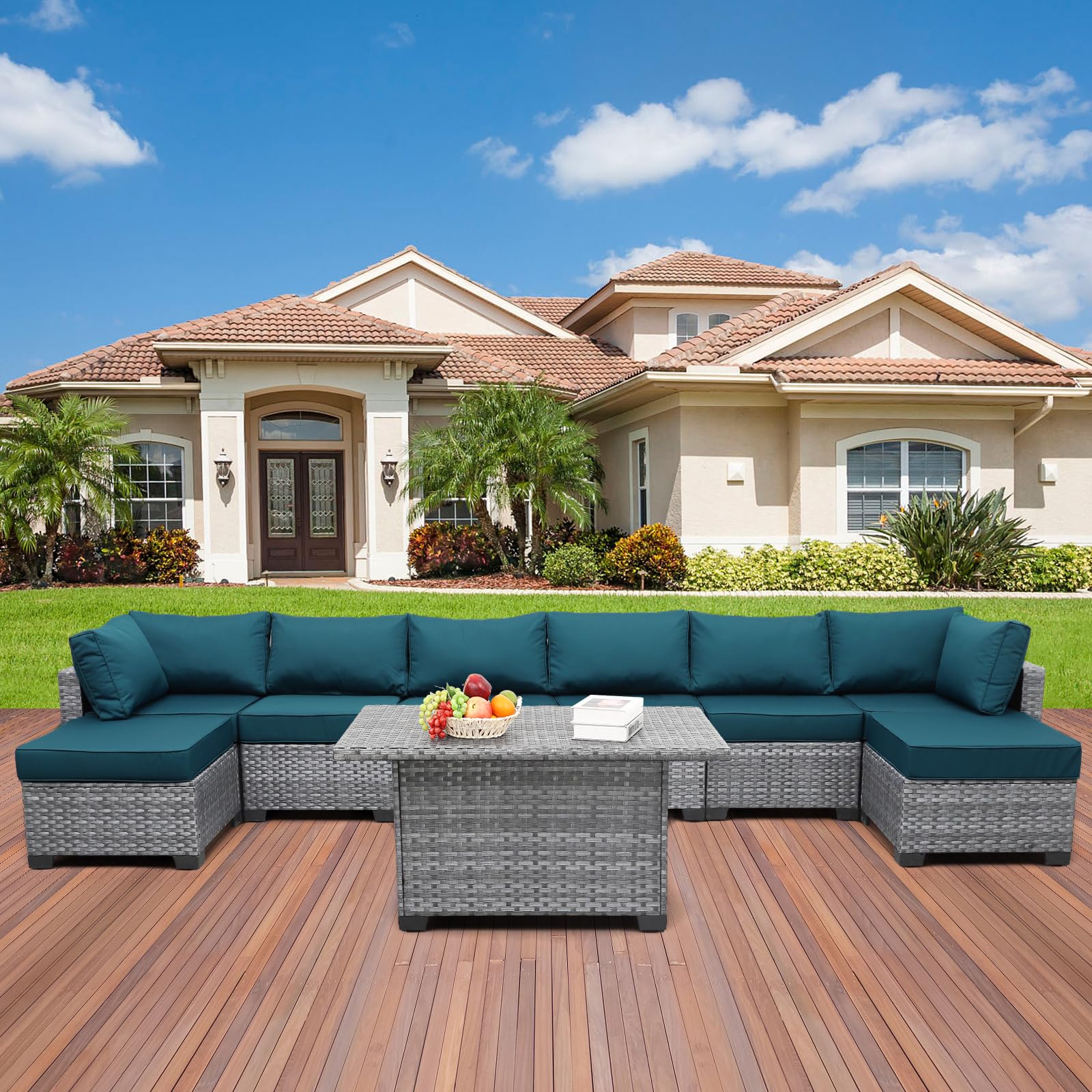 Premium 9-Piece Gray Rattan Outdoor Patio Sectional Set with PE Wicker, Storage Table & Peacock Blue Cushions - Includes Free Furniture Cover - Perfect for Backyard, Poolside & Garden Relaxation