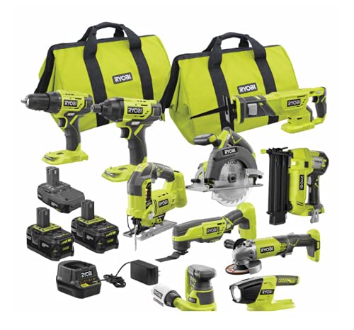 Ryobi ONE+ 18V Cordless 10-Tool Combo Kit with 3 Batteries & Charger - Perfect for Home Improvement, DIY Projects & Professional Construction Work