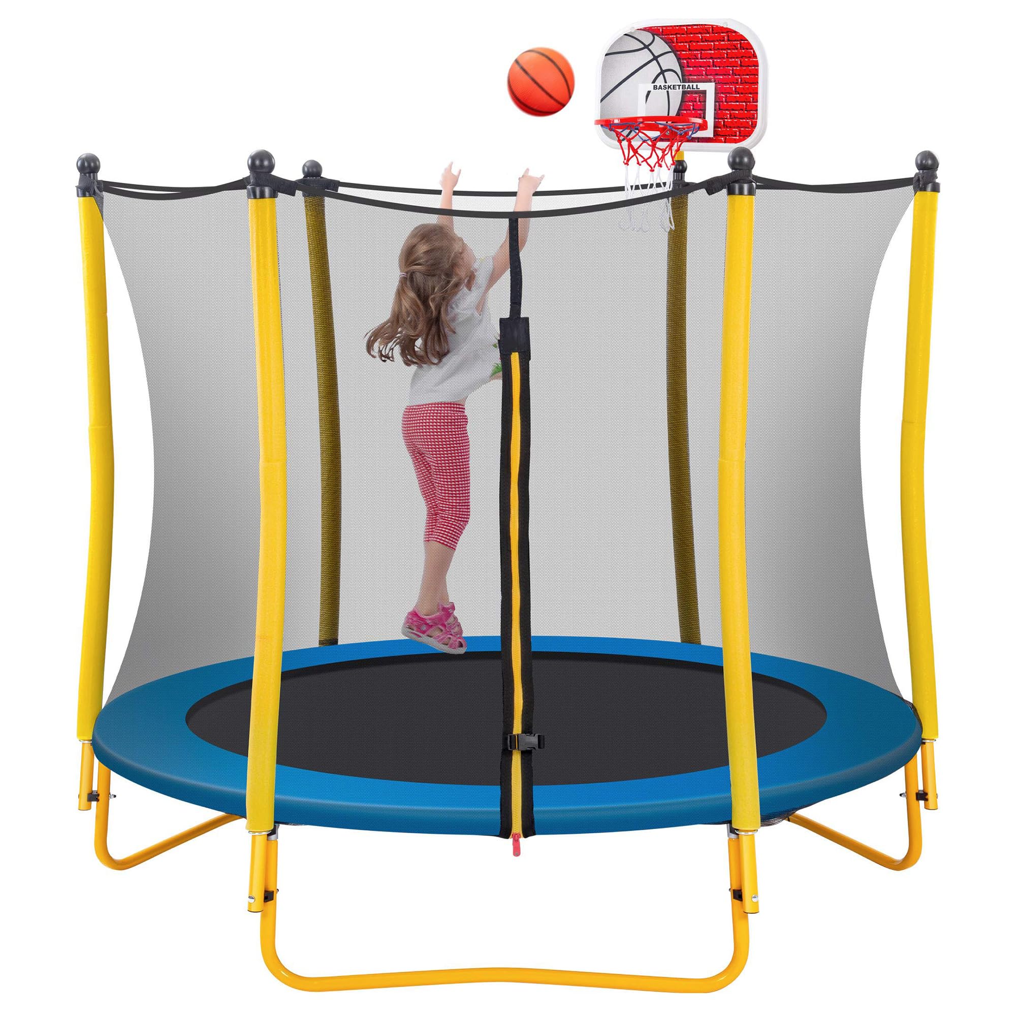 **Merax 66'' Kids Trampoline with Basketball Hoop, Rubber Ball & Safety Enclosure Net – 5.5FT Mini Trampoline for Toddlers (Ages 1-8) – Indoor & Outdoor Use – Perfect Birthday Gift for Active Play & Backyard Fun**