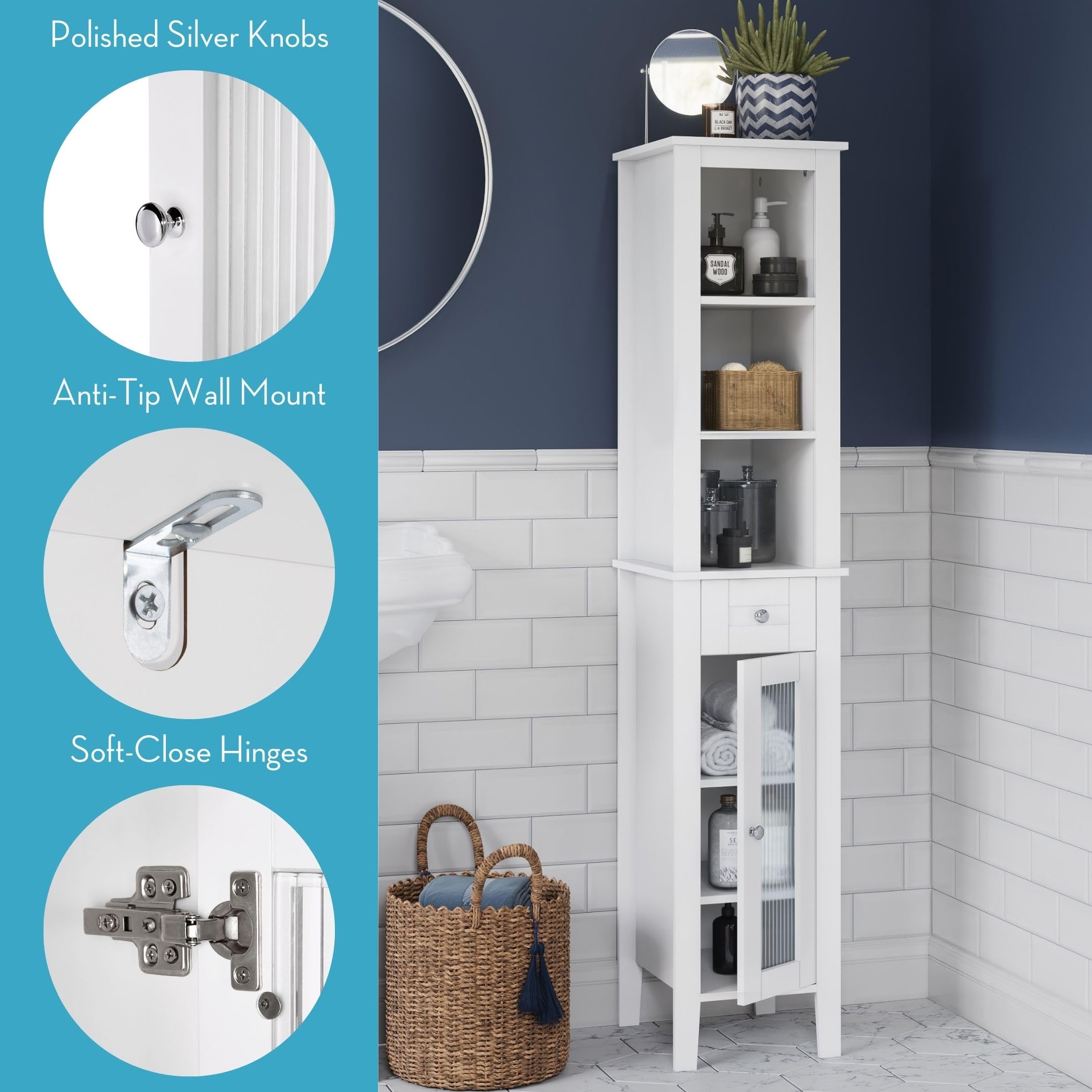 RiverRidge Prescott Tall Bathroom Storage Cabinet with Reeded Soft-Close Glass Door - 3 Open Shelves & Drawer - Slim Narrow Bathroom Vanity Organizer for Towels, Toiletries & Cosmetics - Perfect for Small Bathrooms, Powder Rooms & Apartment Living