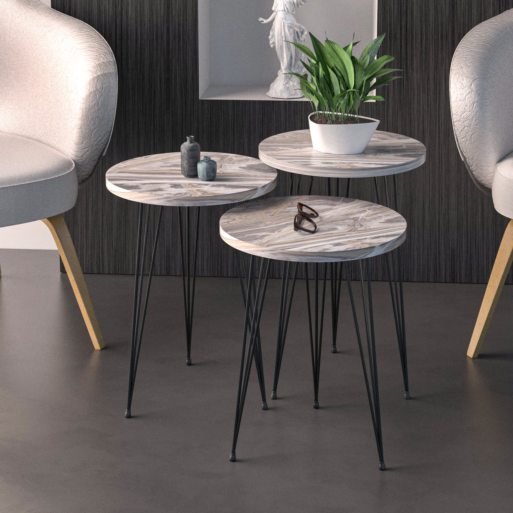 PAK HOME Set of 3 Grey Marble Nesting End Tables - Round Wood Stacking Coffee Side Tables with Metal Legs for Living Room, Bedroom & Home Office - Perfect for Small Spaces, Modern Decor & Multi-Purpose Use