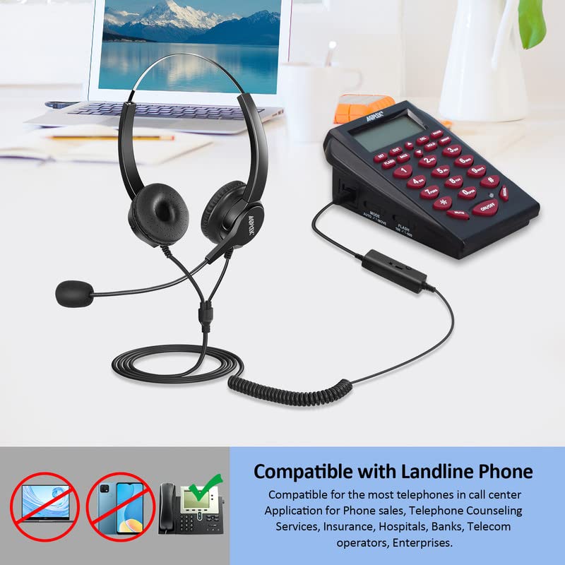 AGPTEK Noise Cancelling Binaural Headset with Mic - Hands-Free Call Center Headphones for Desk Phone, 4-Pin RJ9 Connector - Ideal for Telephone Counseling, Insurance Services & Hospital Use