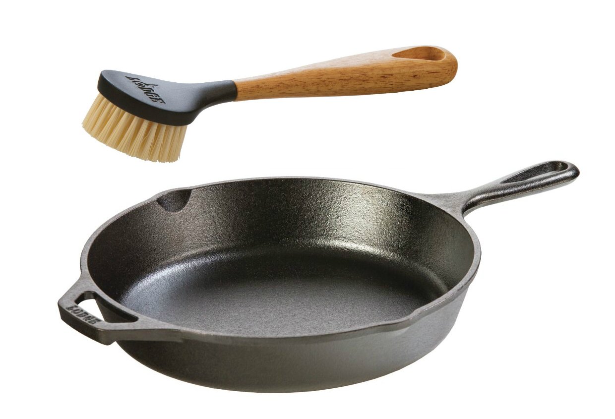 Lodge Pre-Seasoned Cast Iron Skillet 10.25 Inch - Heavy Duty Cast Iron Frying Pan with 10 Inch Bristle Scrub Brush - Perfect for Camping, Grilling & Home Cooking
