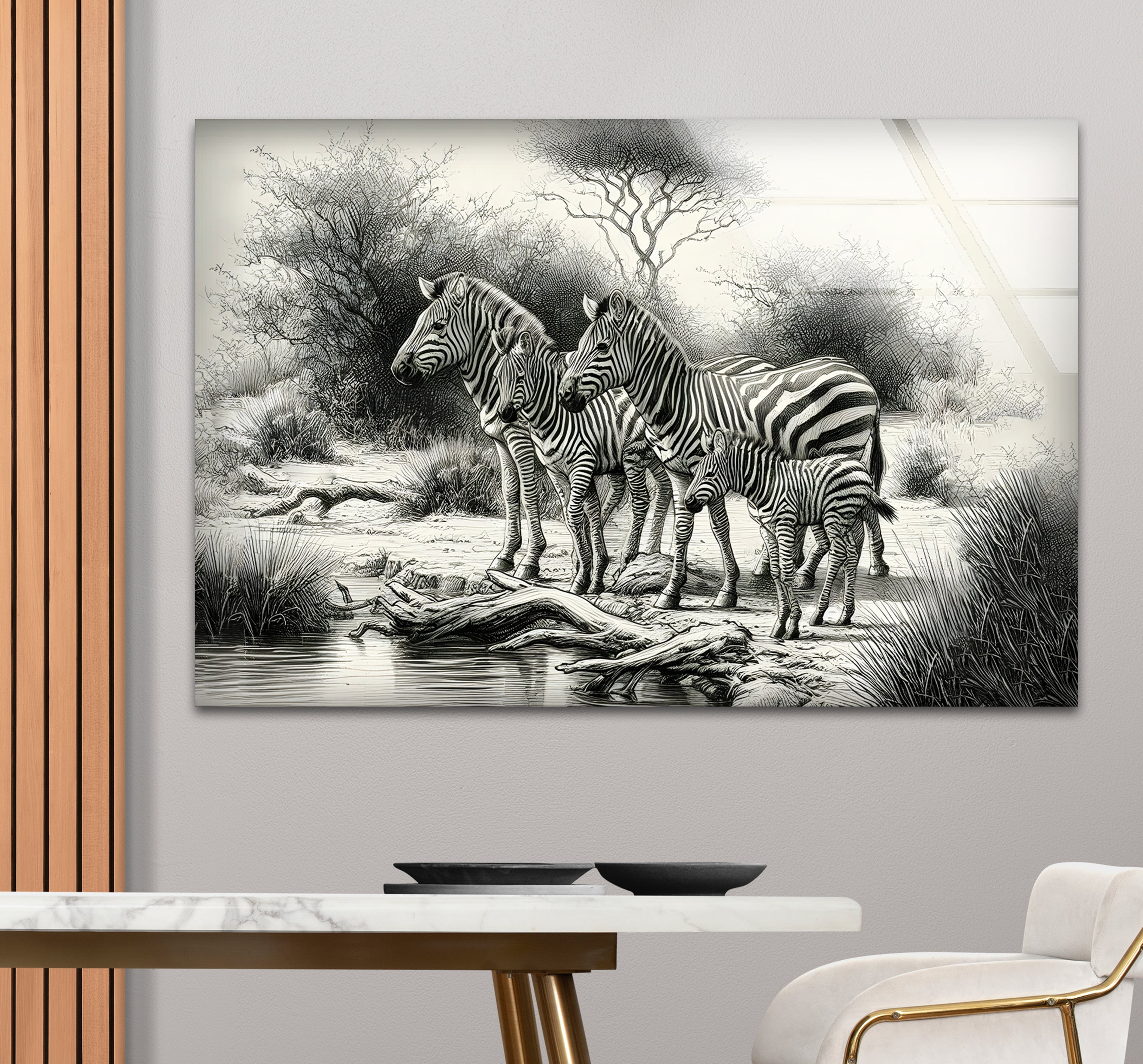 Black and White Zebra Family Glass Wall Art - Modern Home Decor for Living Room, Bedroom & Office - Unique Animal Print Wall Art for Safari & Wildlife Theme Decor