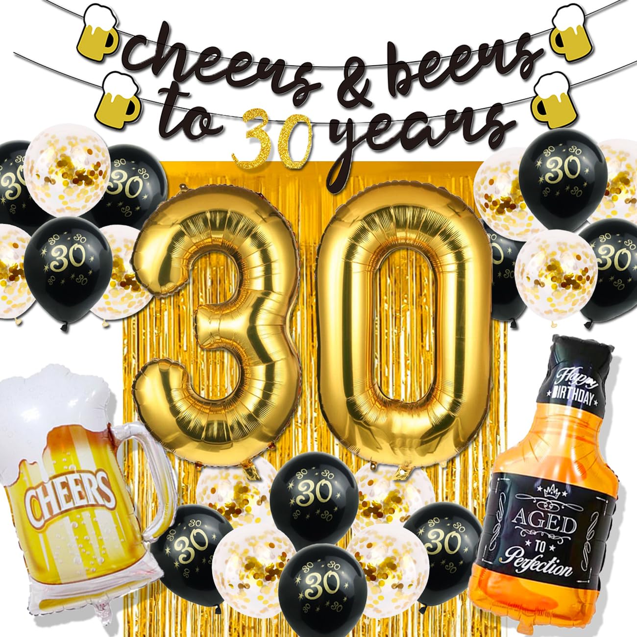 30th Birthday Party Decorations for Men - 40 Inch Gold Number 30 Balloons, Cheers to 30 Years Banner, Fringe Curtains & Foil Cups - Perfect for 30th Birthday Celebrations, Milestone Parties & Surprise Decor