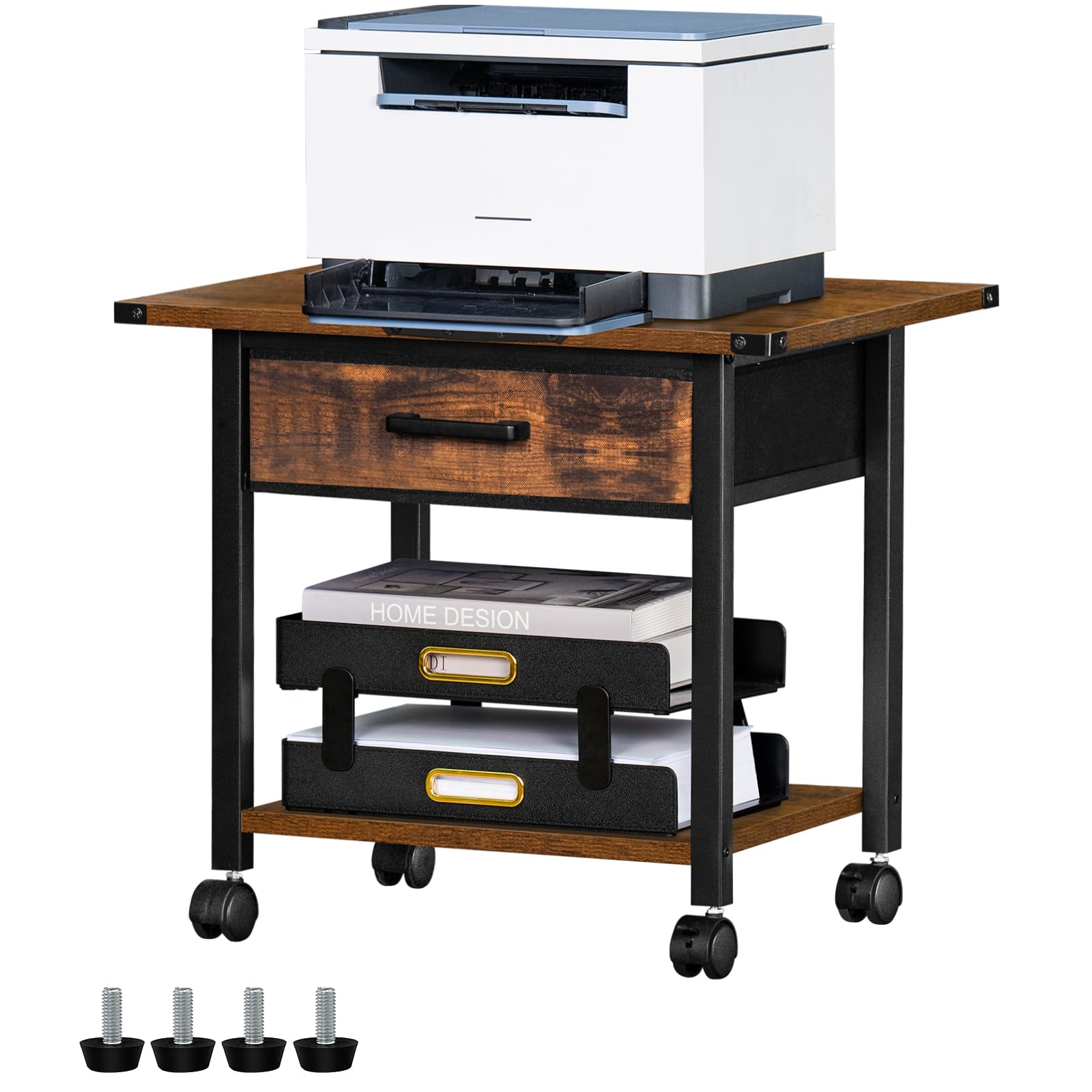 Lerliuo 2-Tier Under Desk Rolling Printer Stand with Storage Drawer & Shelf - Industrial Mobile Printer Cart with Lockable Wheels & Steel Frame - Compact Printer Holder for Home Office Workspace (Brown) - Perfect for Small Spaces & Shared Workstations