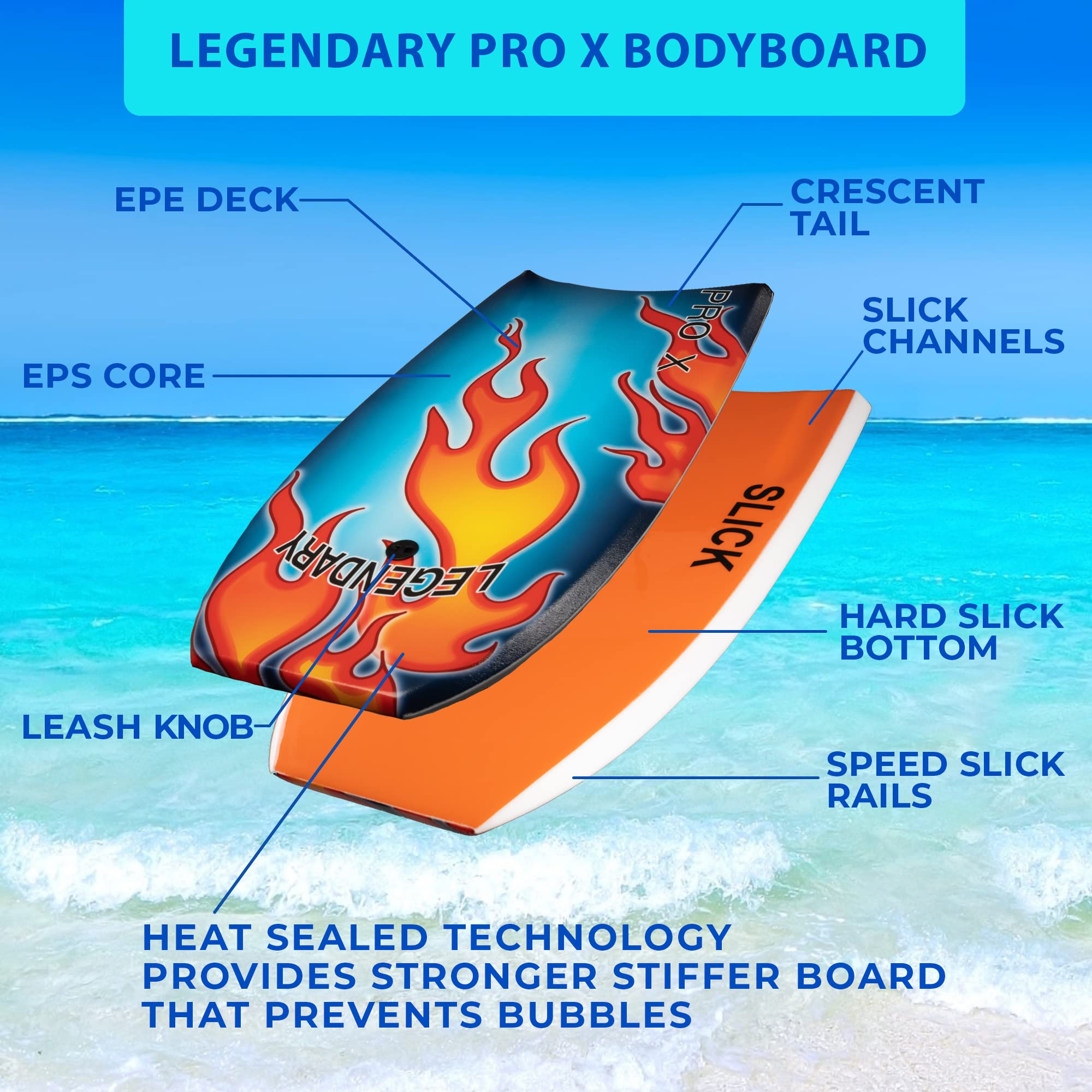 Legendary Pro X Bodyboard - Premium Hard Slick Bottom Boogie Board for Kids & Adults - Heat Sealed EPS Core with Leash - Perfect for Beach Waves, Surfing & Water Sports