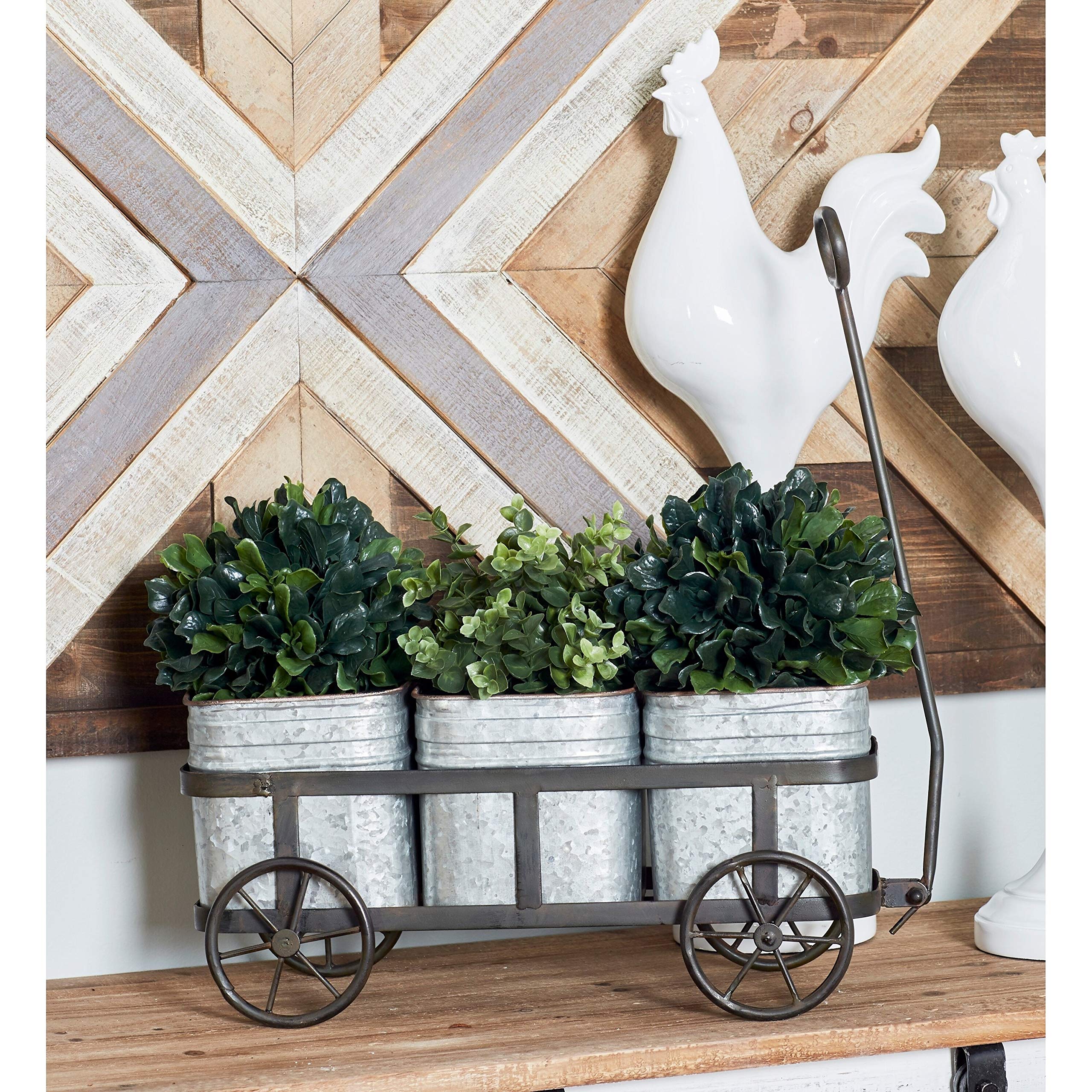 Vintage Farmhouse 16 Inch Rectangular Metal Wagon Planter - Rustic 3-Pot Iron Flower Box for Indoor/Outdoor Garden Decor, Patio, Porch, or Yard